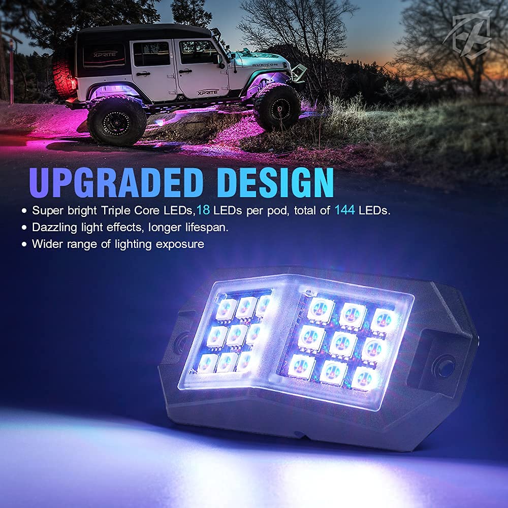 Xprite White Truck Bed Light Pods & RGB Bluetooth Rock Lights Kit – Off-Road, Underbody, and Custom Truck Lighting for Enhanced Visibility & Style