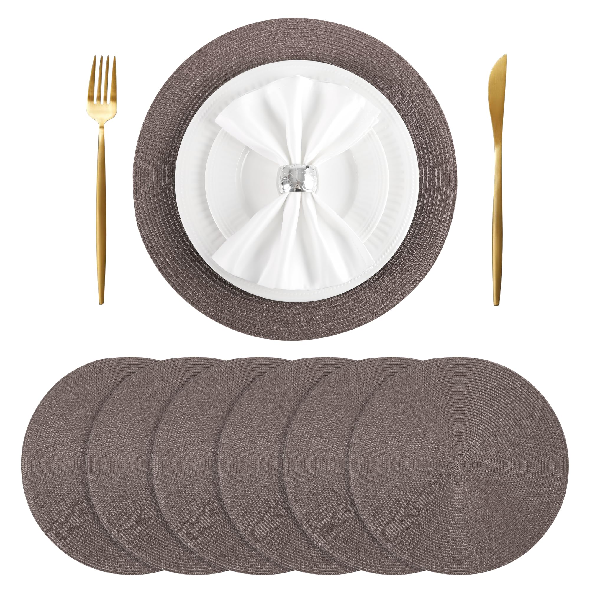 6-Pack Round Woven Non-Slip Placemats for Dining Table - 15 Inch Brown Washable Table Mats - Perfect for Everyday Meals, Dinner Parties & Home Decor