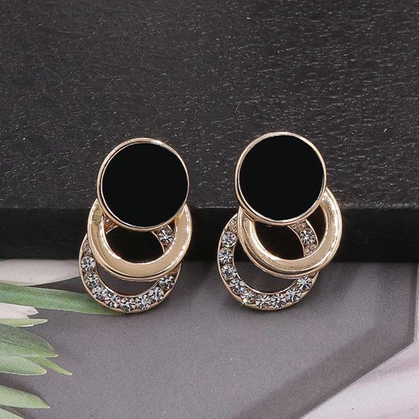 Boho Geometric Hoop Earrings for Women - Gold Crystal Dangle Earrings with Black Dot Studs, Layered Statement Drop Earrings for Wedding, Prom, Party & Everyday Wear