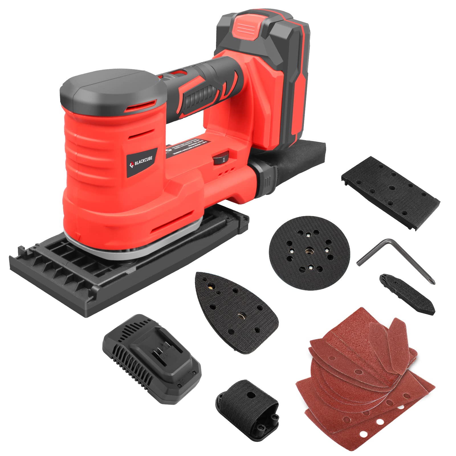 BLACKCUBE 20V Cordless 5-in-1 Multi-Function Detail Sander with 6 Speed Control, Dust Bag, 2.0Ah Battery & Fast Charger - Perfect for Wood Sanding, Furniture Refinishing, DIY Projects - Includes 10 Sanding Papers
