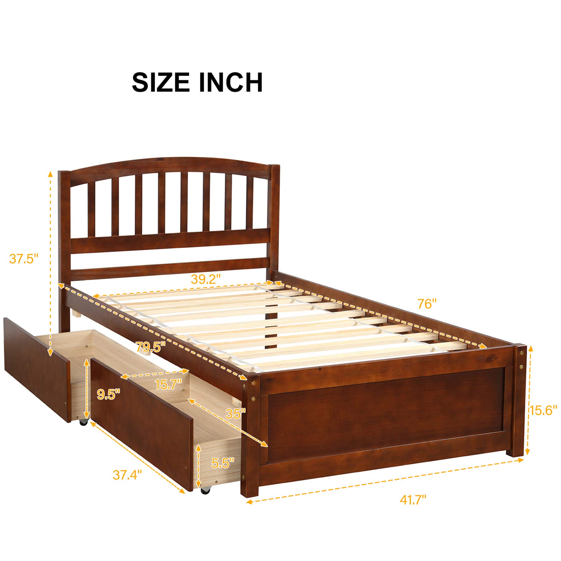 P PURLOVE Twin Wood Storage Bed Frame with 2 Drawers & Headboard - Space-Saving for Small Bedrooms