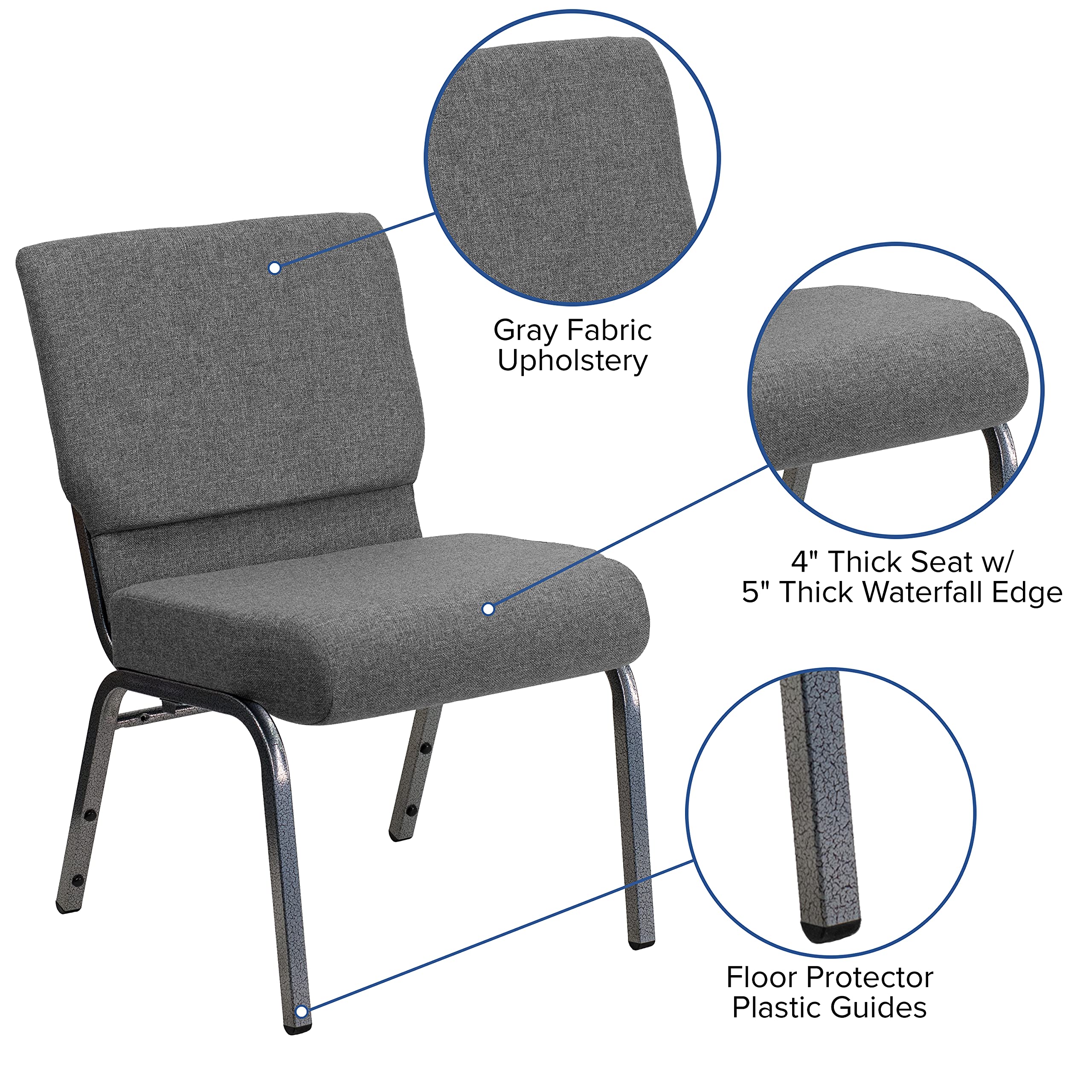 EMMA & OLIVER 21-Inch Wide Stackable Church Chairs - Gray Fabric with Silver Vein Metal Frame | Perfect for Weddings, Events & Banquets