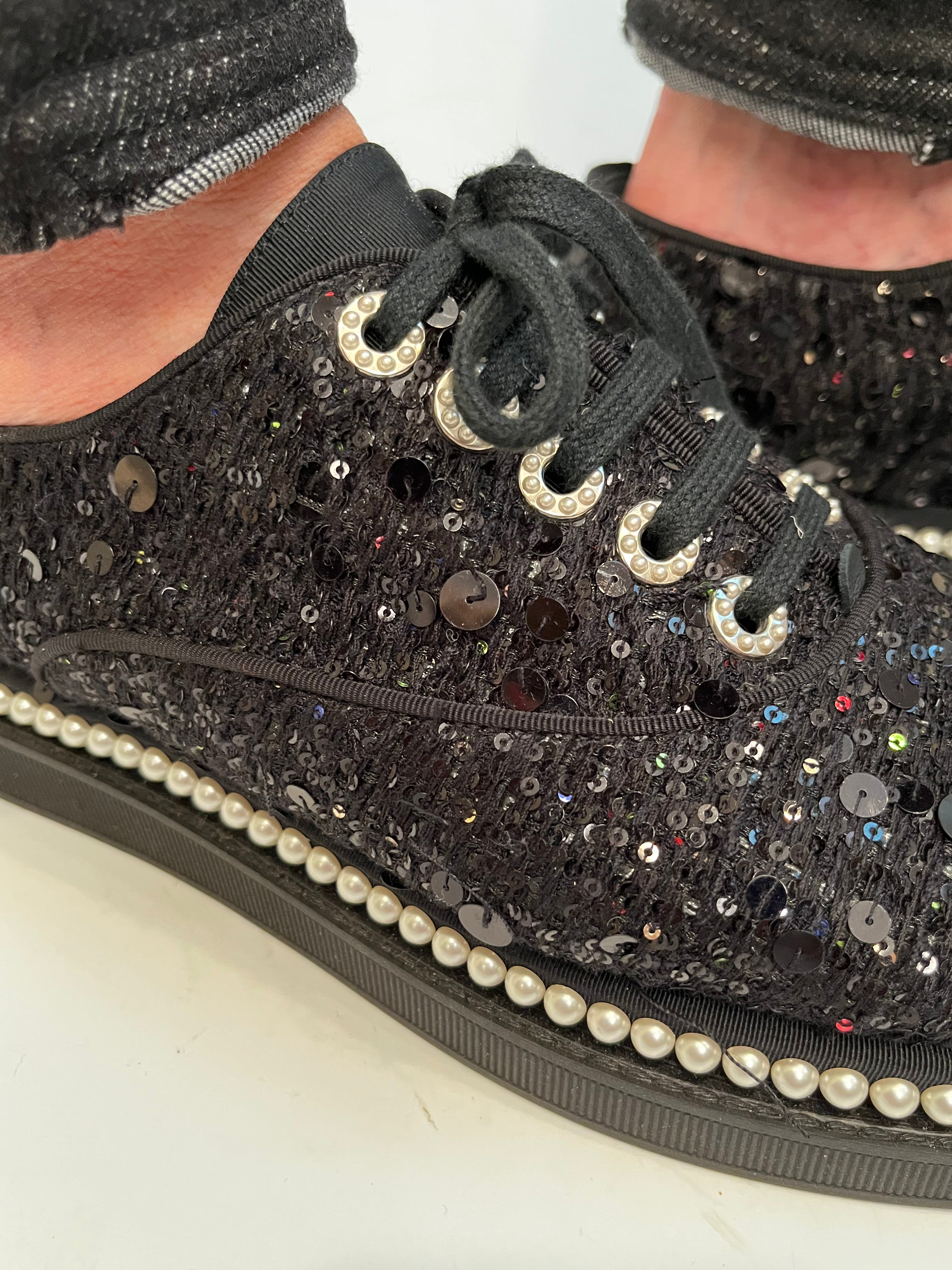 Chanel 17P 2017 Spring Black Sequined Lace-Up Sneakers with Thick Sole & Pearl Accents - Women's Size EU 39.5 / US 9-9.5 | Fashionable Casual & Party Shoes for Women