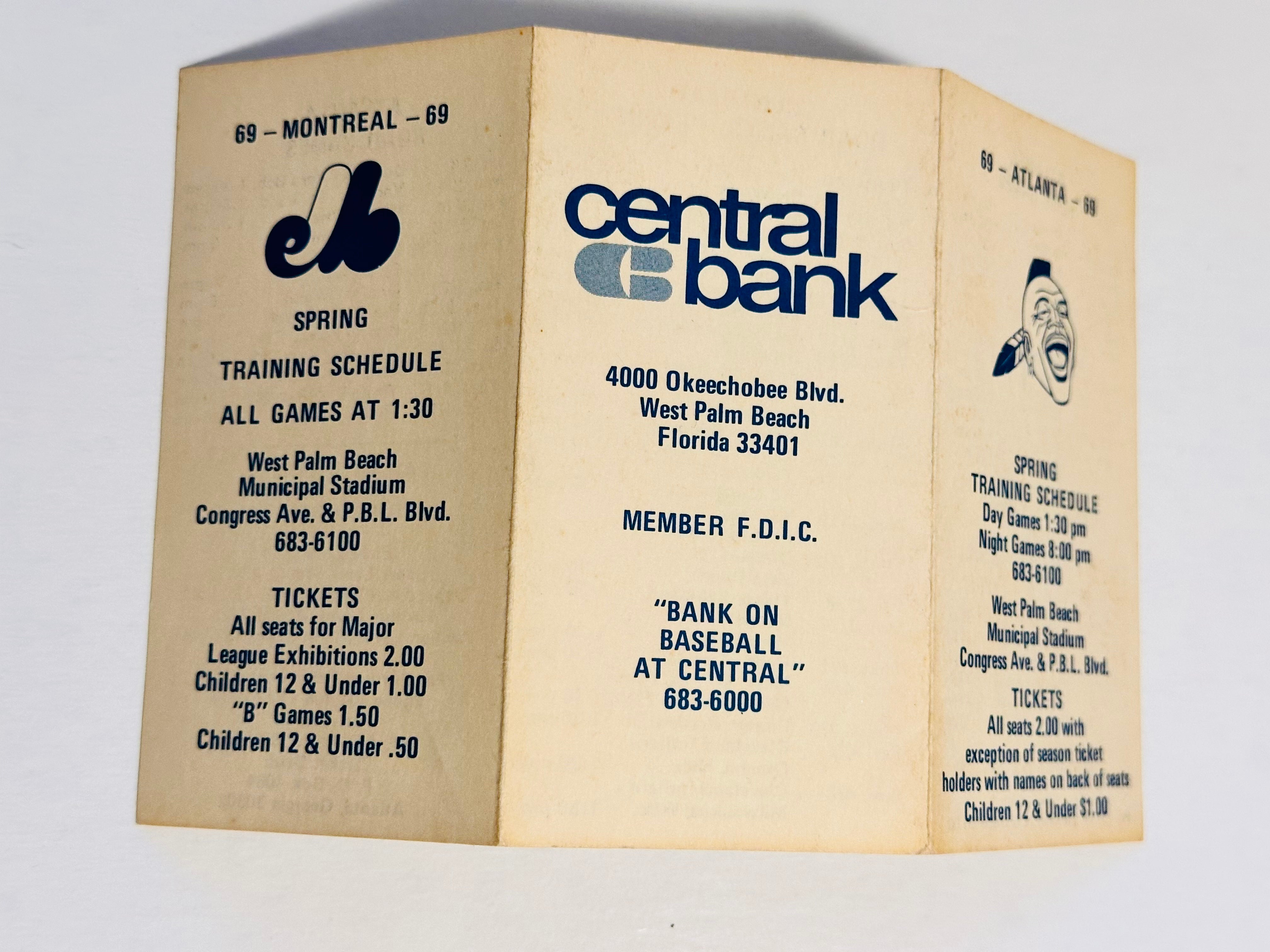 1969 Montreal Expos Inaugural Season Rare Baseball Schedule with Cleveland Indians - Vintage MLB Collectible for Fans & Memorabilia Enthusiasts