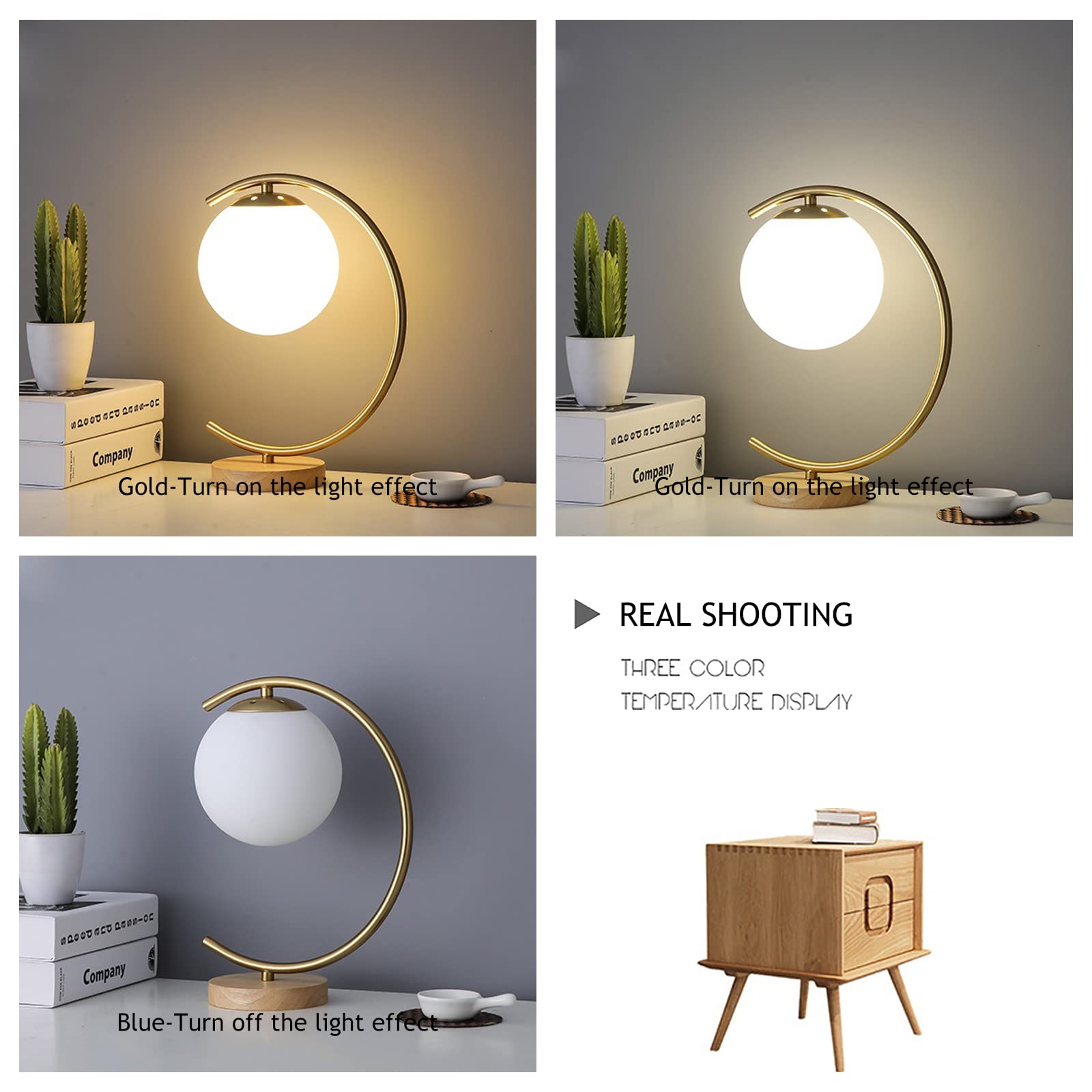 Modern Gold Glass Goble Bedside Table Lamp - Brass Nightstand Lamp with Round Frosted Glass Shade & Metal Base - Perfect for Reading, Office, Bedroom and Living Room Decor