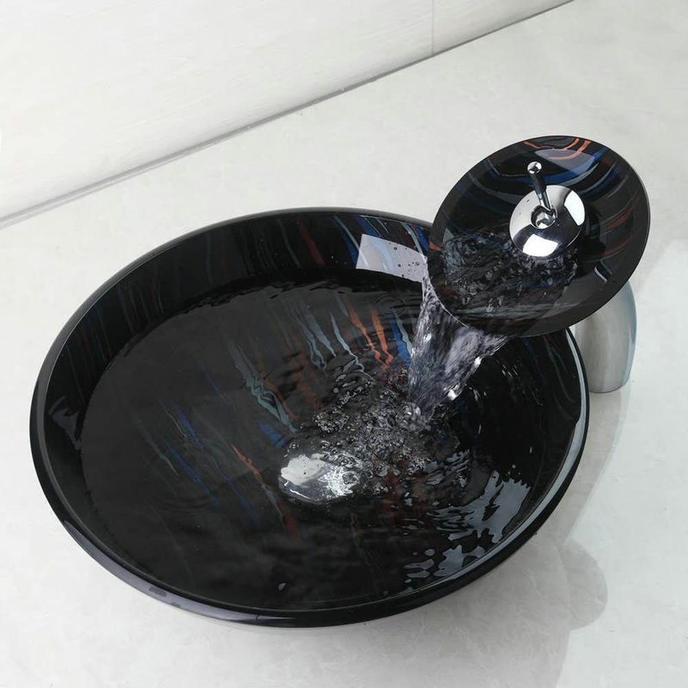 Black Sequin Glass Vessel Sink with Faucet and Pop-Up Drain - Modern Bathroom Vanity Sink Combo for Powder Rooms, Guest Baths & Luxury Home Decor