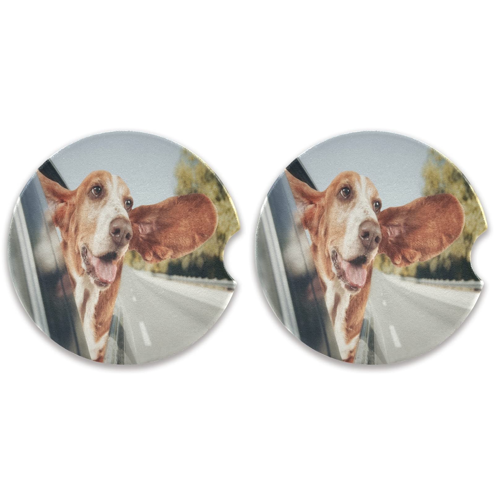 2 Pack Absorbent Ceramic Basset Hound Car Coasters with Fingertip Grip, 2.5 Inch Cup Holder Coasters for Drinks, Perfect for Cars, Trucks, and SUVs