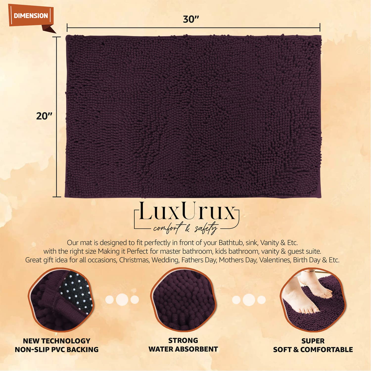 Ultra Soft Chenille Plush Bath Rugs - Non Slip Microfiber Floor Mats for Bathroom, Kitchen, Entryway & Living Room (30x20 Inches, Plum) - Absorbent & Cozy Home Decor for Wet Areas