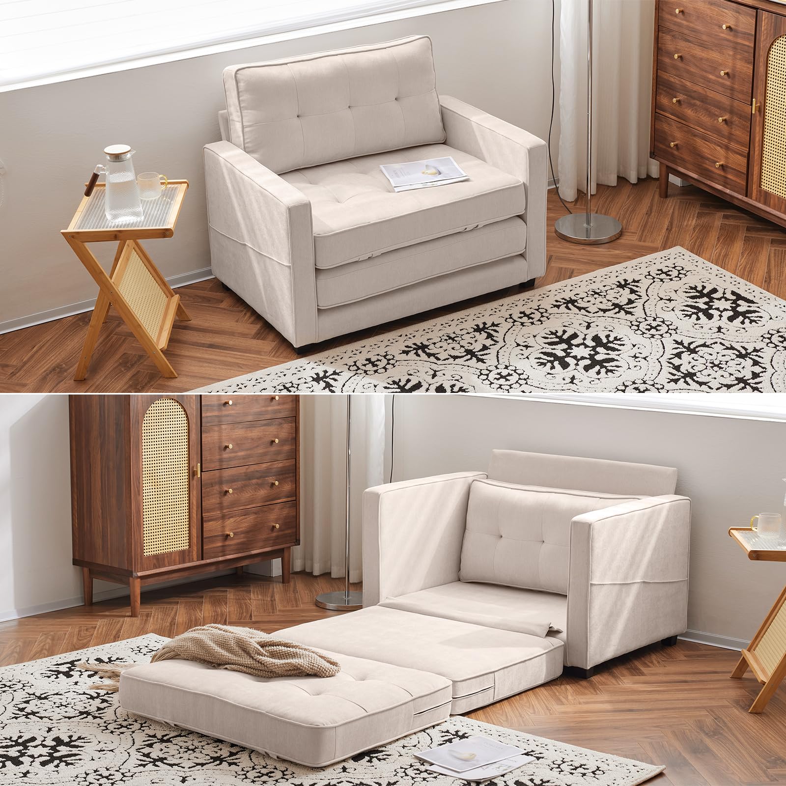 VINGLI Convertible Sleeper Chair Bed - Foldable Sofa Bed for Living Room, Office & Guest Room - Single Futon Couch in Beige - 43