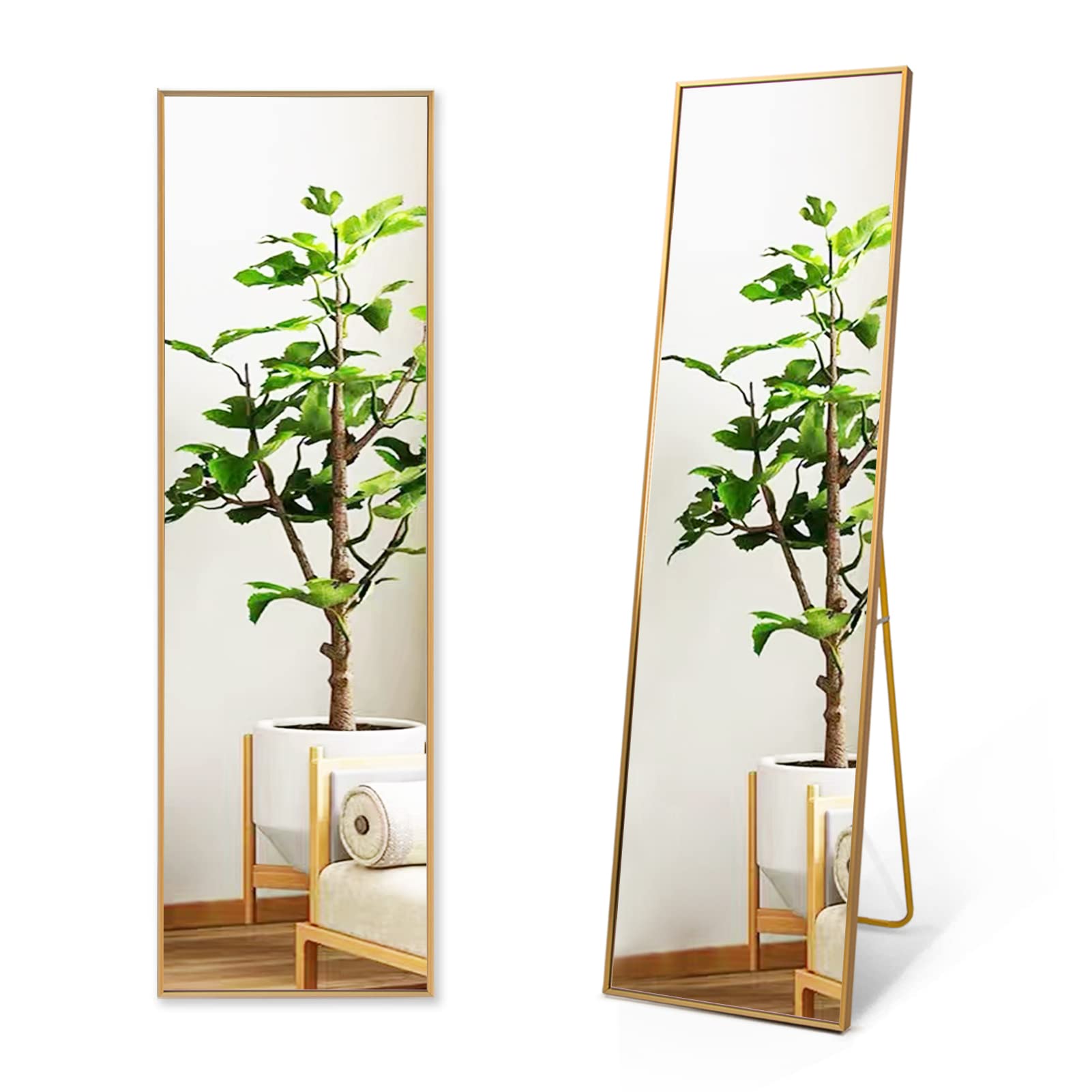FLYMUHJIA 59x16 Inch Full Length Mirror - Slim Aluminum Alloy Gold Frame Standing Floor Mirror for Bedroom & Living Room | Perfect for Outfit Checks, Home Decor & Selfie Background