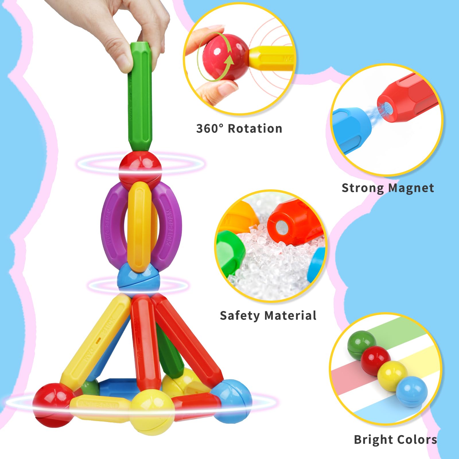 MAGBLOCK 90PCS Magnetic Building Sticks & Blocks STEM Toys for Boys Girls Ages 3-8, Educational Magnet Sticks Balls Rods Construction Set, Montessori Sensory Learning Toys for Toddlers Preschool Kids – Perfect for Classroom, Home Play & Creative STEM Activities