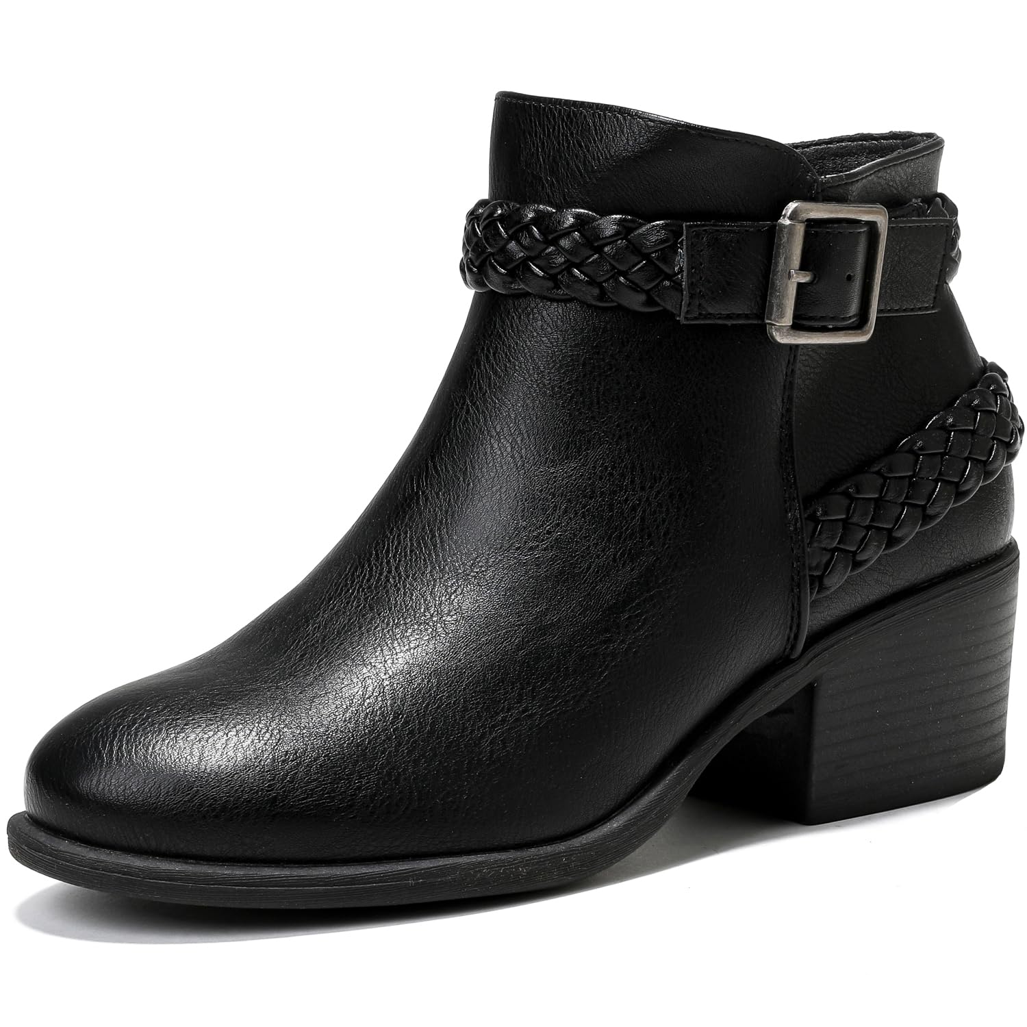 Luoika Women's Wide Width Ankle Boots - Black & Brown Block Heel Side Zipper Booties for Casual Outfits, Work & Fall Fashion