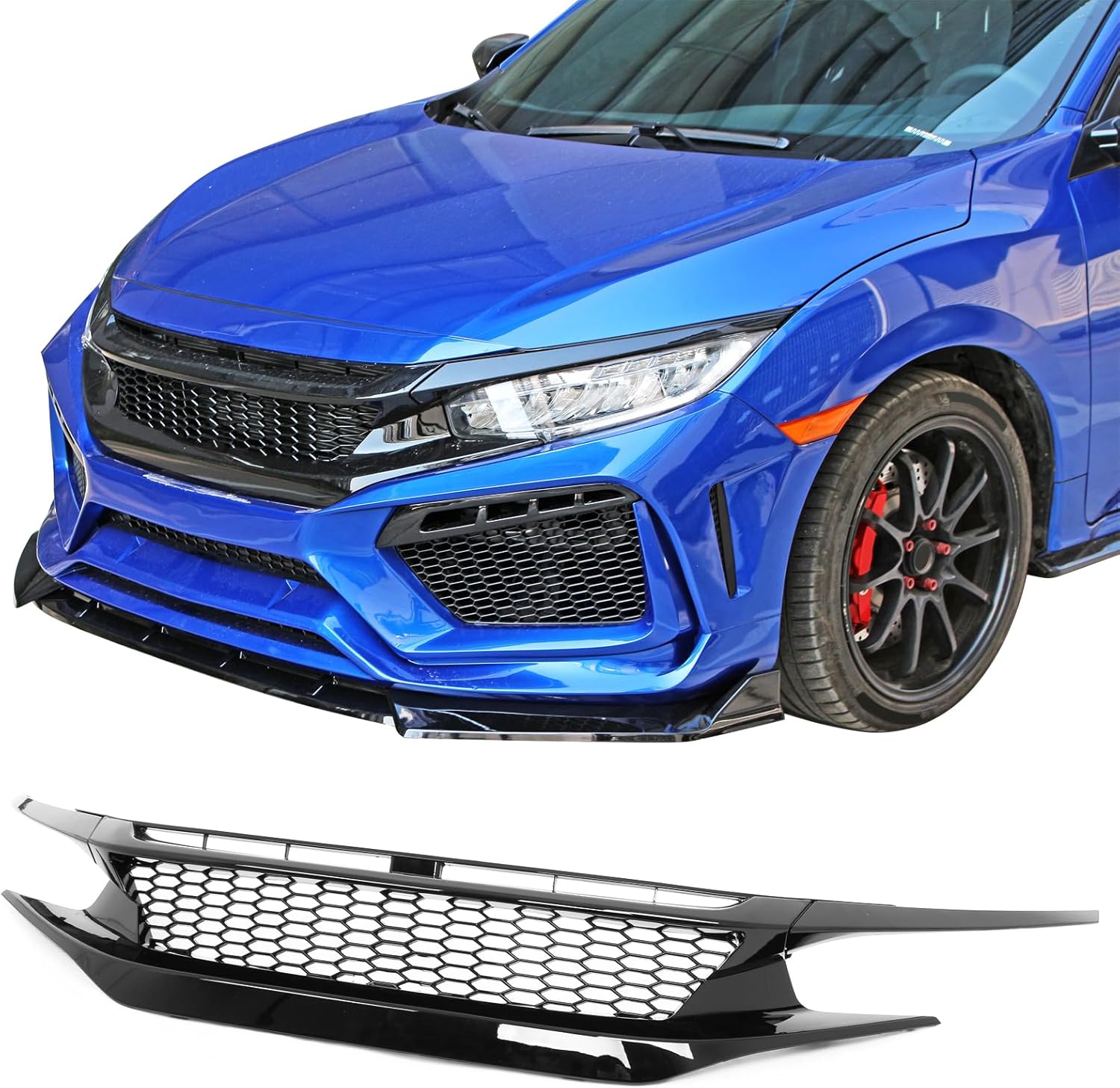 2019-2021 Honda Civic Coupe/Sedan Front Grille - Honeycomb Mesh Style Gloss Black Replacement | Perfect for Car Upgrades & Customization