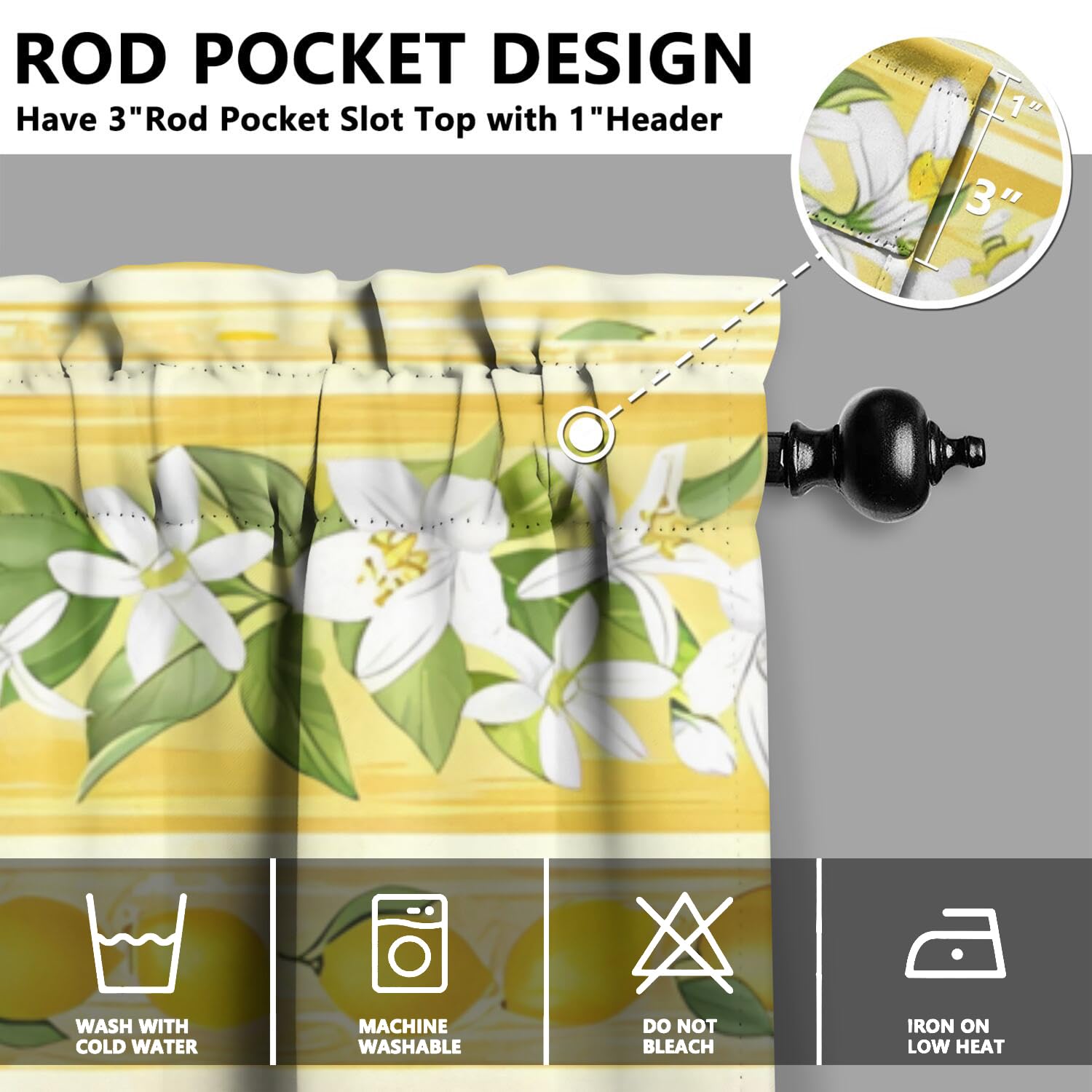 Lemon Kitchen Curtains Set - 3 Piece Window Valance for Sink (54x36