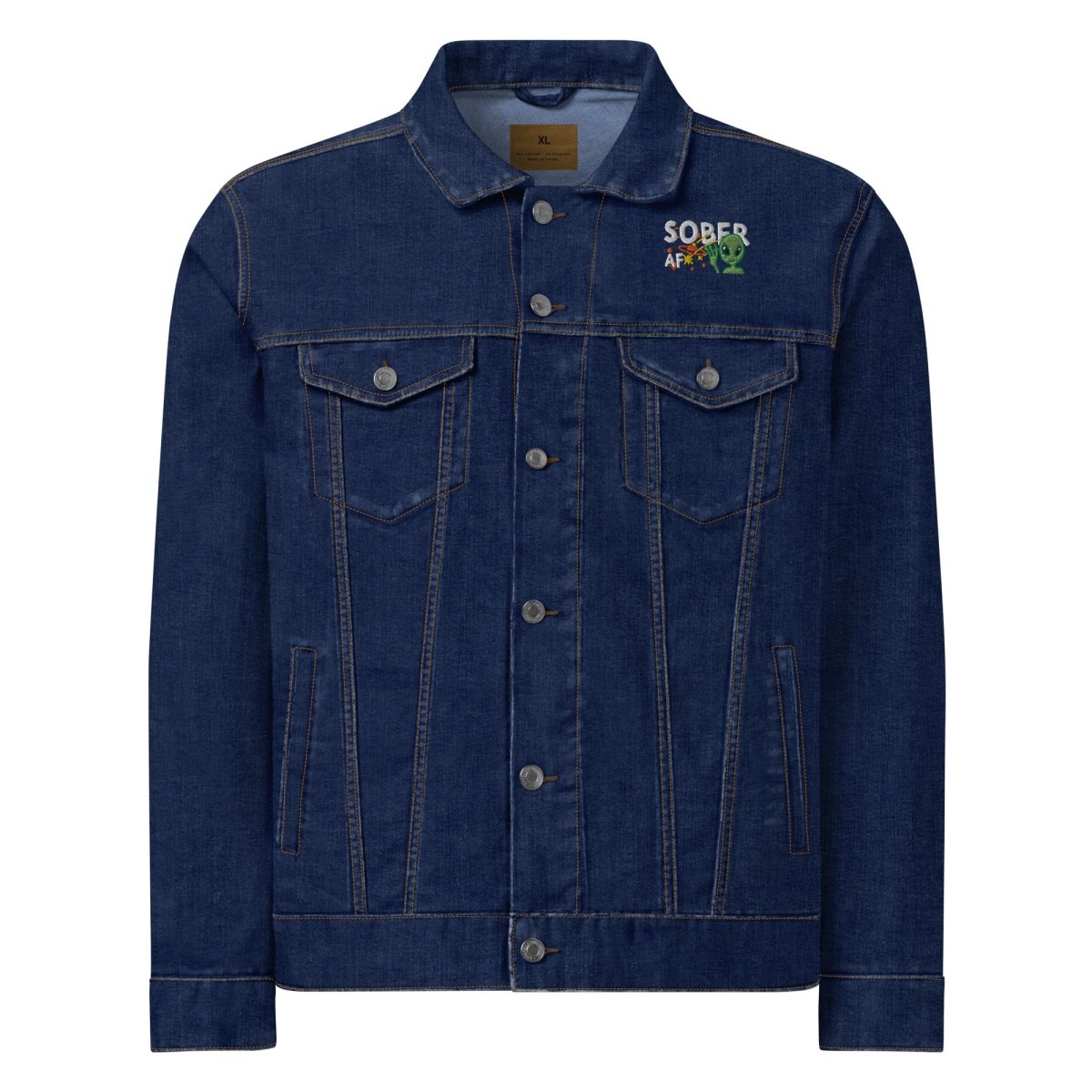 Galactic Sobriety Embroidered Denim Jacket for Men & Women - Vintage Distressed Denim Trucker Jacket with Unique Star Embroidery - Perfect for Casual Outfits, Music Festivals and Streetwear Fashion