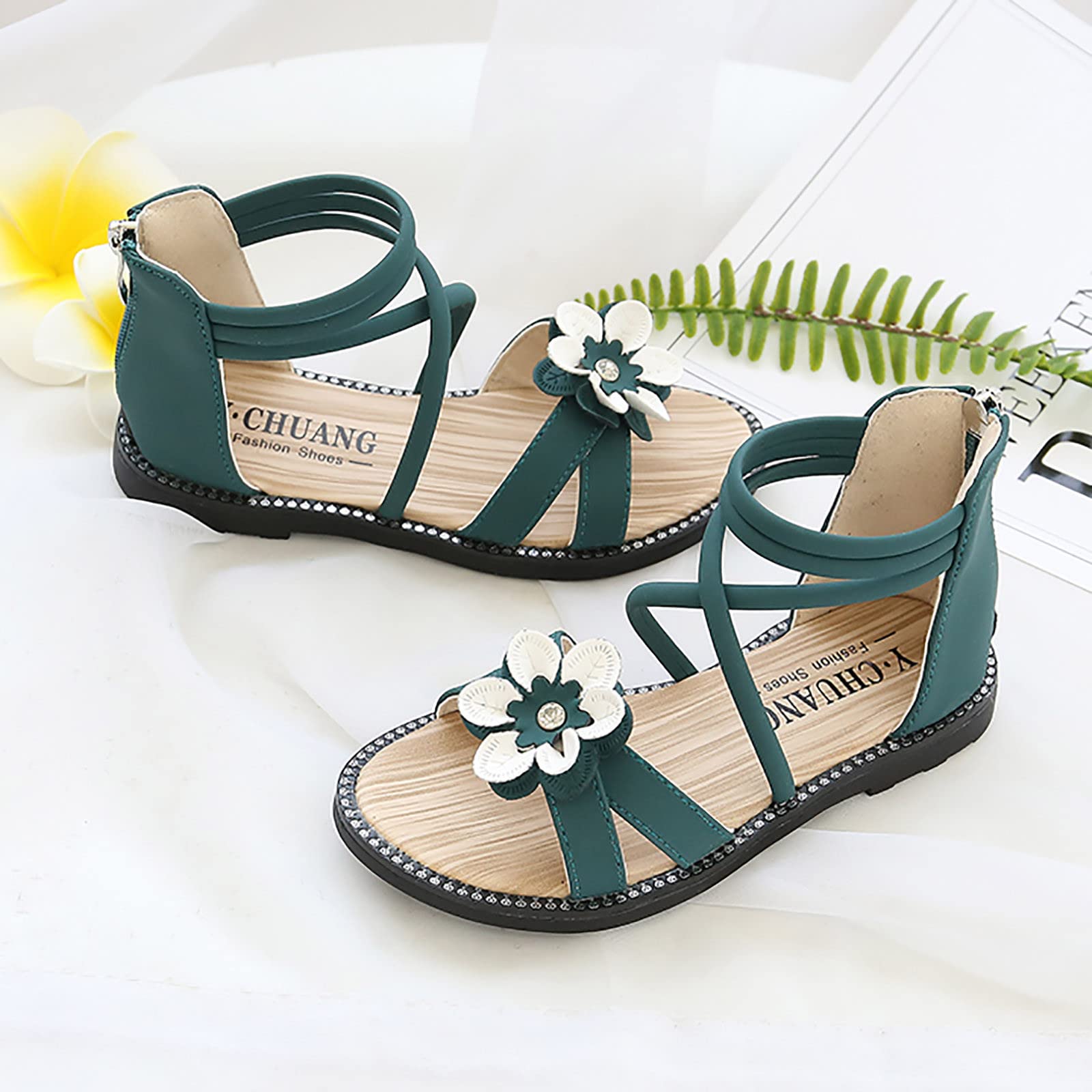 EnJoCho Girls Flower Sandals - Princess Dance Shoes for Toddlers (Green, Size 28) - Perfect for Parties & Playtime