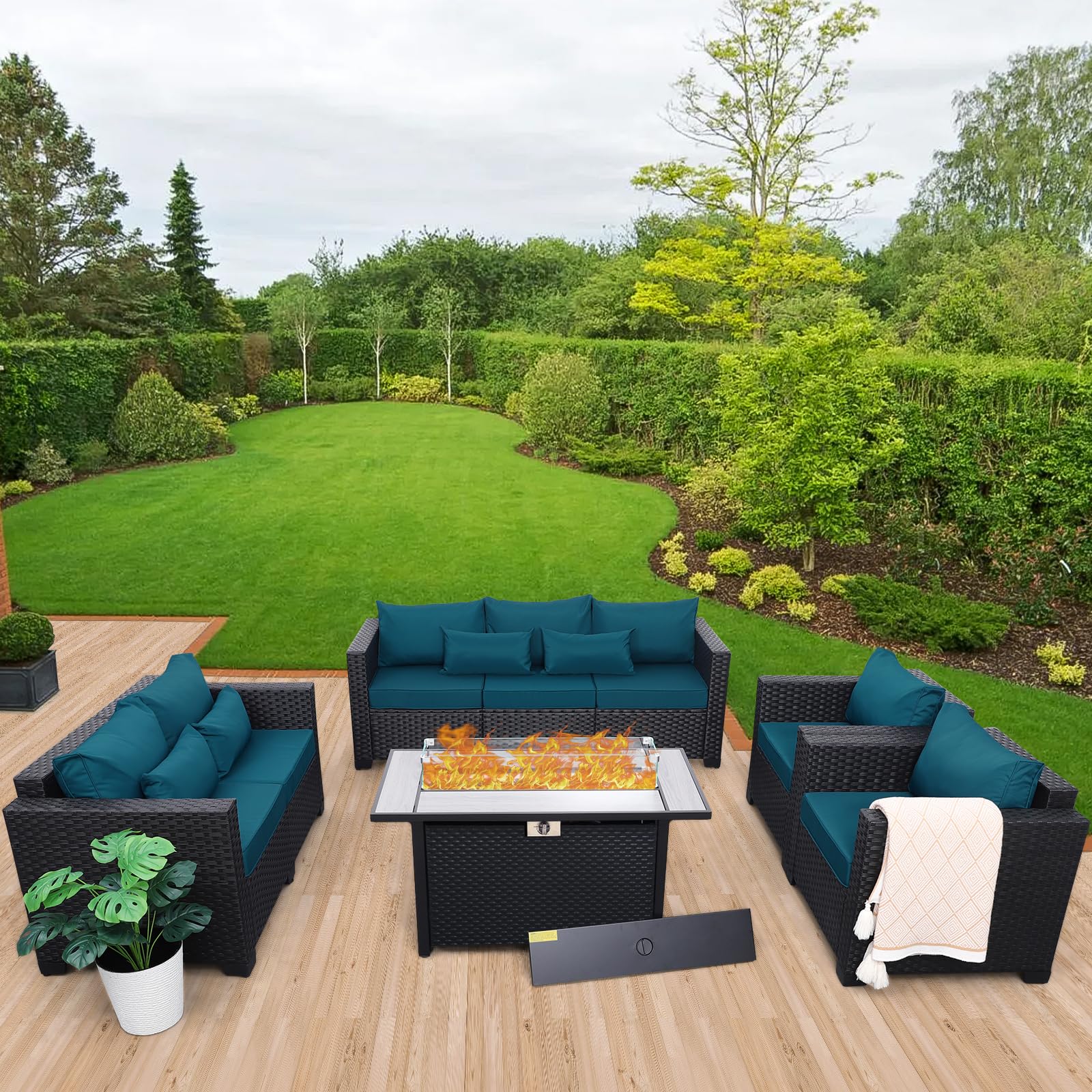 **Rattan Patio Furniture Set with 45-Inch Fire Pit – 5-Piece Outdoor Sectional Sofa, Chairs & 60,000 BTU Steel Propane Fire Table – Waterproof Covers & Non-Slip Cushions (Peacock Blue) – Perfect for Backyard, Garden, or Poolside Relaxation**