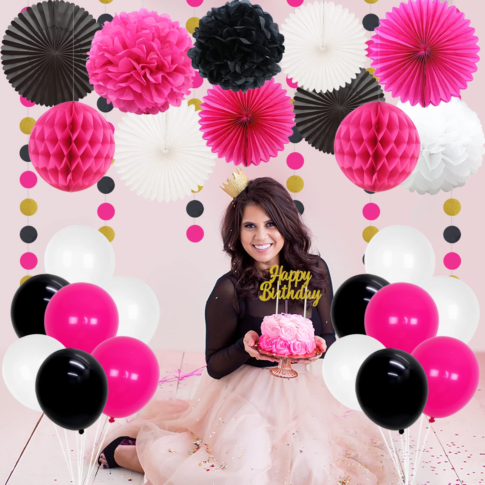 Hot Pink & Black White Happy Birthday Bunting Banner, Tissue Pom Poms, Paper Fans & Circle Dots – Elegant Birthday Party Decorations for Women & Girls – Perfect for Indoor & Outdoor Celebrations, Baby Showers & Bridal Showers