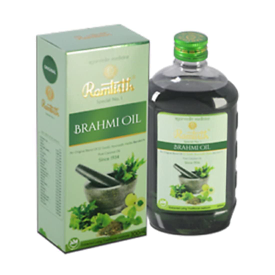Ramtirth Brahmi Hair Oil - 300ml | Natural Ayurvedic Treatment for Dandruff, Hair Growth & Scalp Health | Promotes Brain Function & Sound Sleep | Perfect for Relaxing Body Massage & Aromatherapy | Ideal for Daily Hair Care & Stress Relief