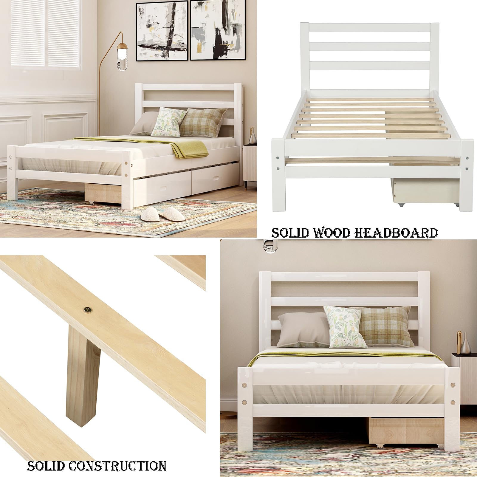 **Twin Size Modern Platform Bed Frame with 2 Storage Drawers & Headboard - Solid Wood Slat Support, No Box Spring Needed - Country Style Bedroom Furniture for Boys & Girls (White) - Perfect for Small Spaces, Kids' Rooms & Guest Bedrooms**
