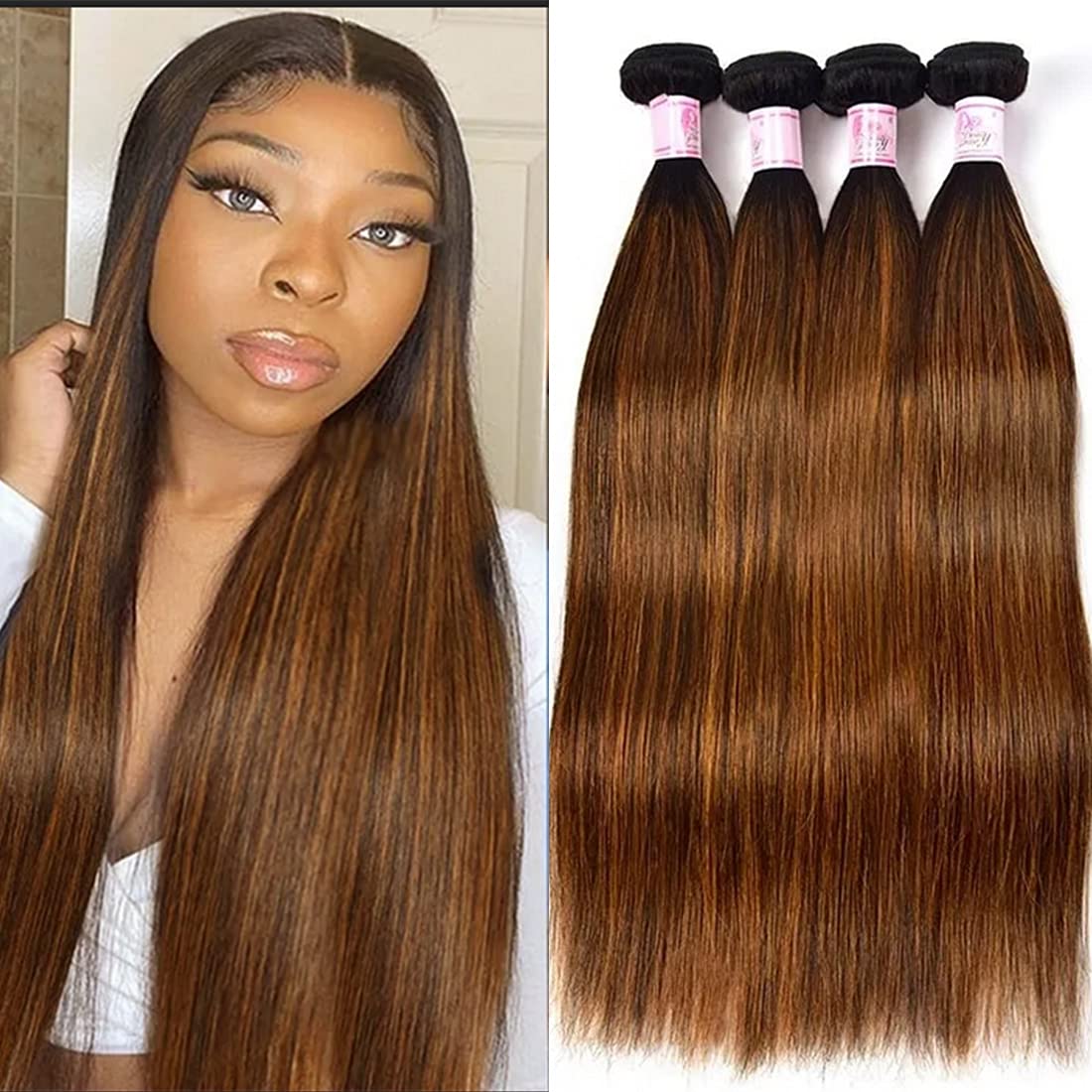 Beauty Forever #FB30 Straight Human Hair Weave 4 Bundles (18 20 22 24 Inch) - Malaysian Virgin Human Hair Extensions with Ombre Highlights for Sew In - Perfect for Styling, Volume & Length Enhancement