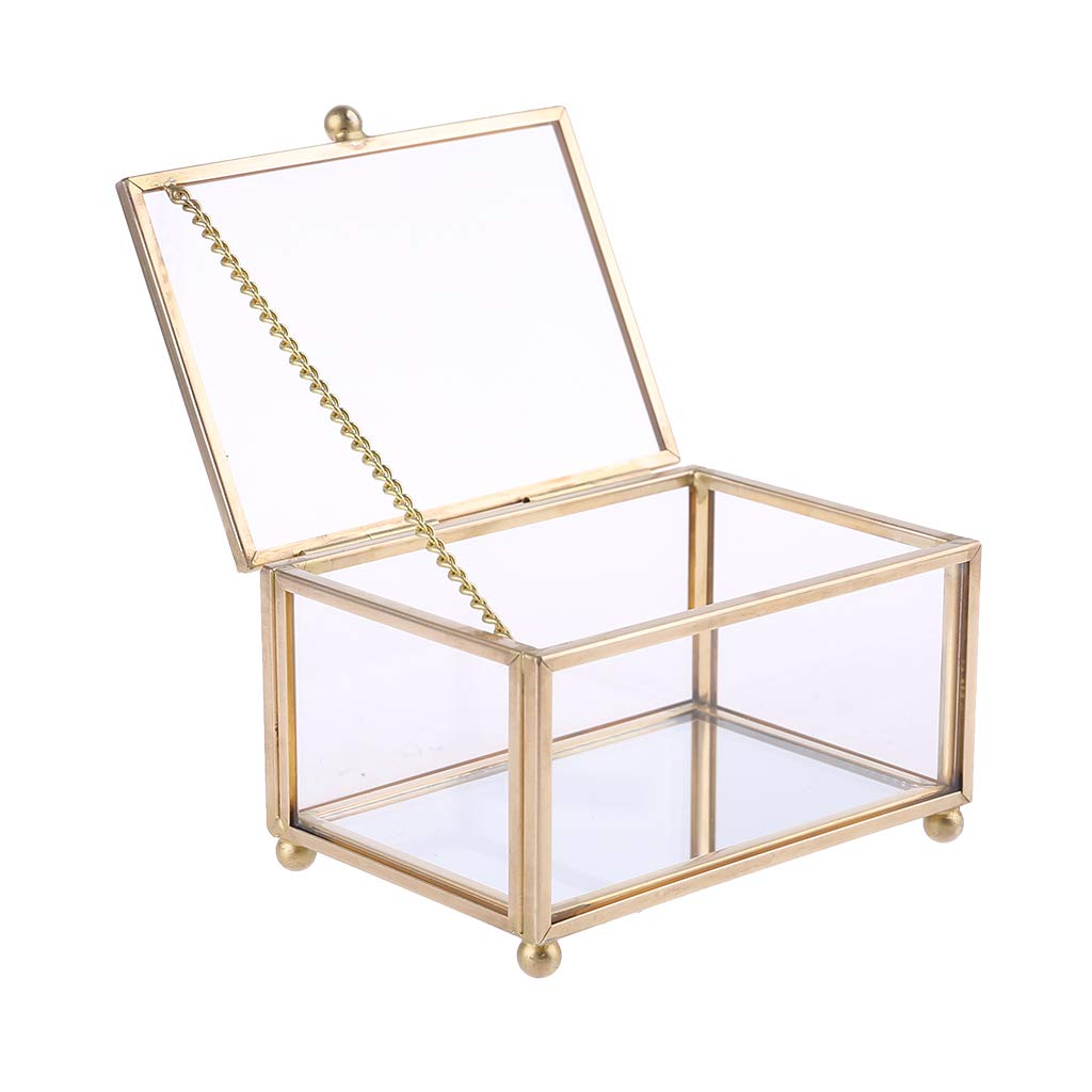 JKPOWER Rustic Wedding Ring Box - Geometric Clear Glass Jewelry Display Case with Gold Accents - Perfect for Engagement, Wedding Ceremonies & Jewelry Storage