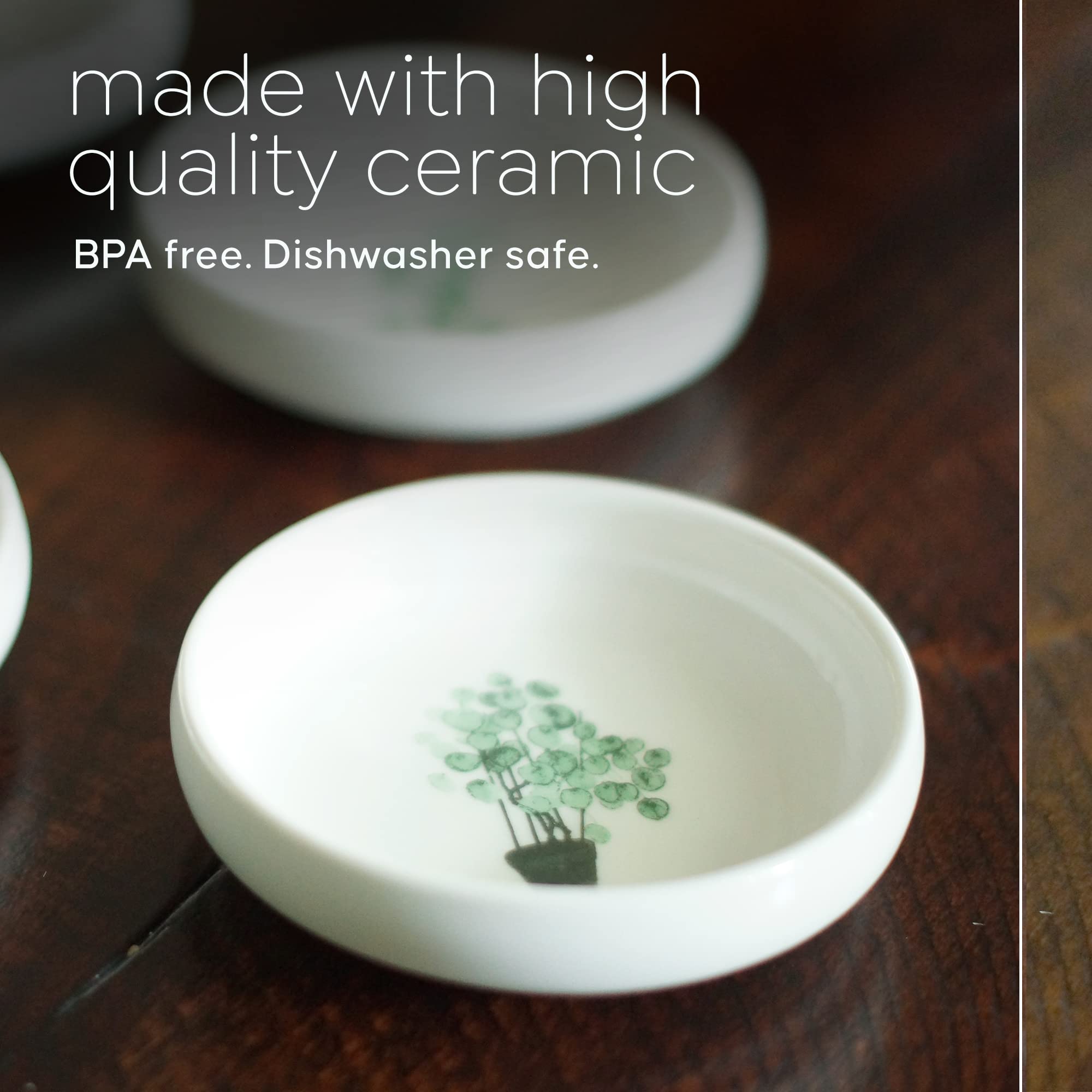 4-Pack Ceramic Ring Dishes with Decorative Plant Design - Stackable Jewelry Organizer for Rings, Earrings & Trinkets - Bathroom Vanity, Bedroom Dresser & Wedding Gift Idea - Cedar and Ink Collection