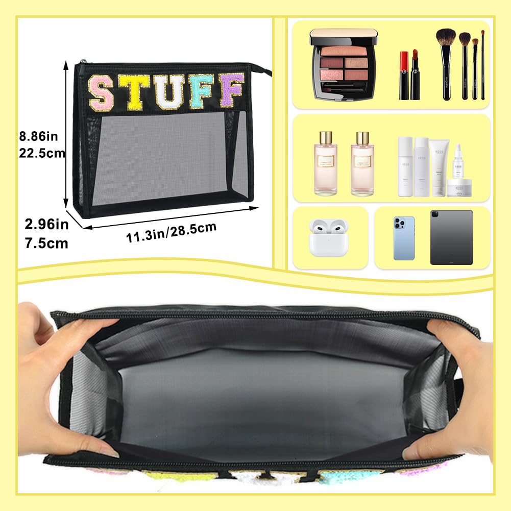 Preppy Makeup Bag for Travel - Mesh Cosmetic Pouch with Chenille Letter Patch, Waterproof Toiletry Organizer (Black) | Perfect for Gym, Vacation & Daily Essentials Storage