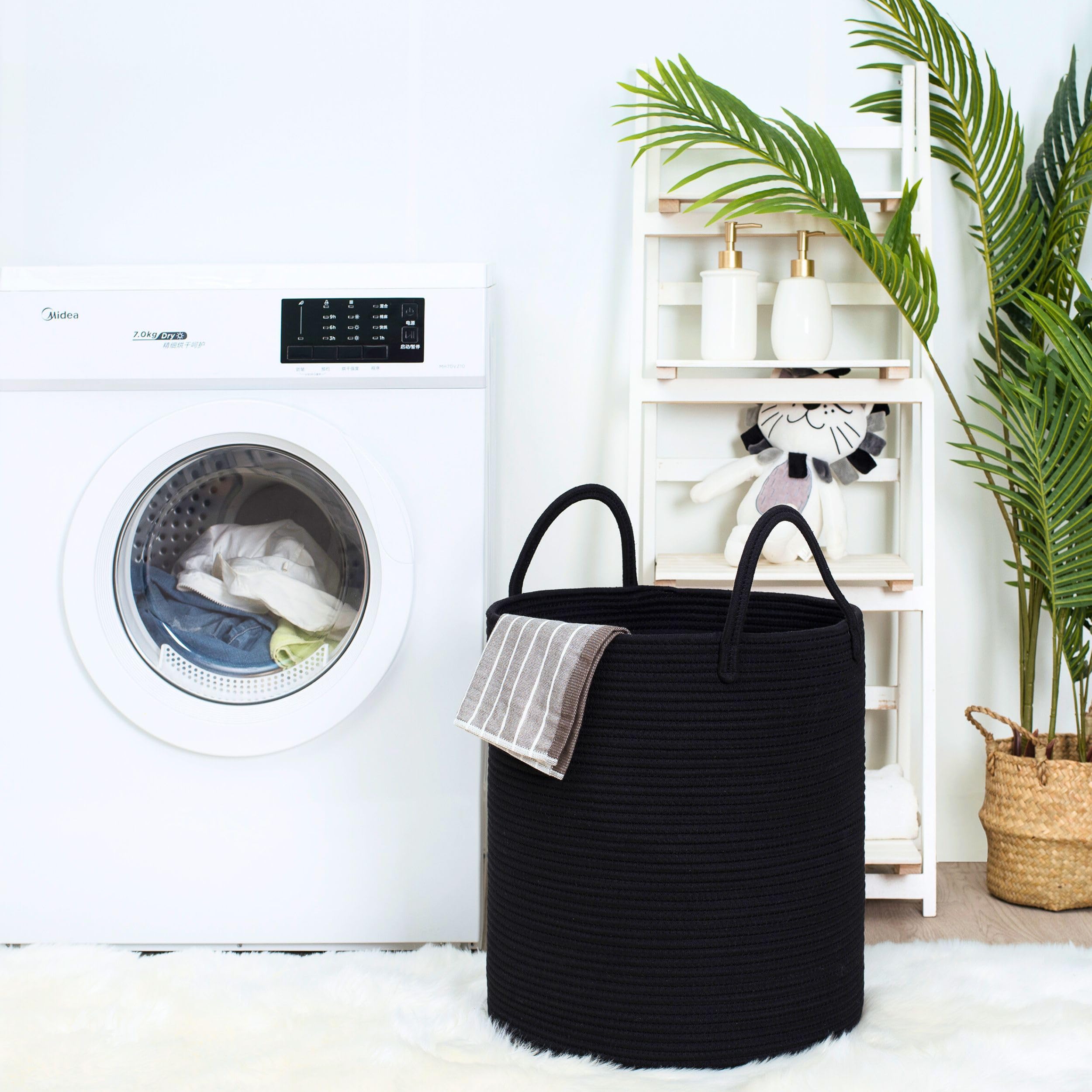 MINTWOOD Large 18x16 Inch Woven Cotton Rope Storage Basket - Black Laundry Hamper, Blanket & Toy Organizer for Living Room, Bedroom, Nursery | Perfect for Towels, Pillows, Throws & Home Decor Storage
