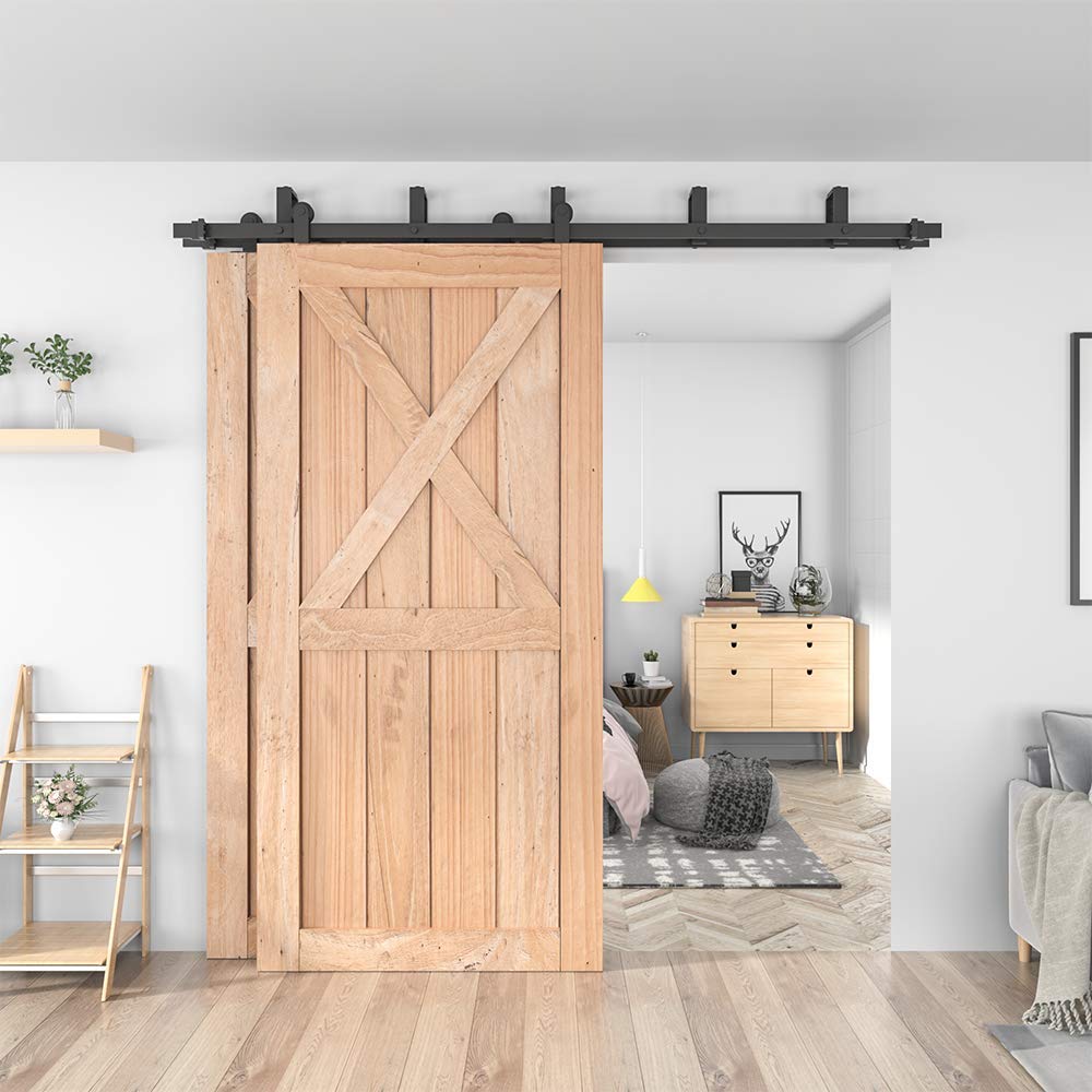 WINSOON Heavy Duty Top Mount Double Bypass Barn Door Hardware Kit - 5 FT Track for Overlapping Double Doors | One-Piece Rail for Smooth & Quiet Sliding | Easy Installation Fits Two 30” Wide Door Panels | Perfect for Bedrooms, Closets & Room Dividers