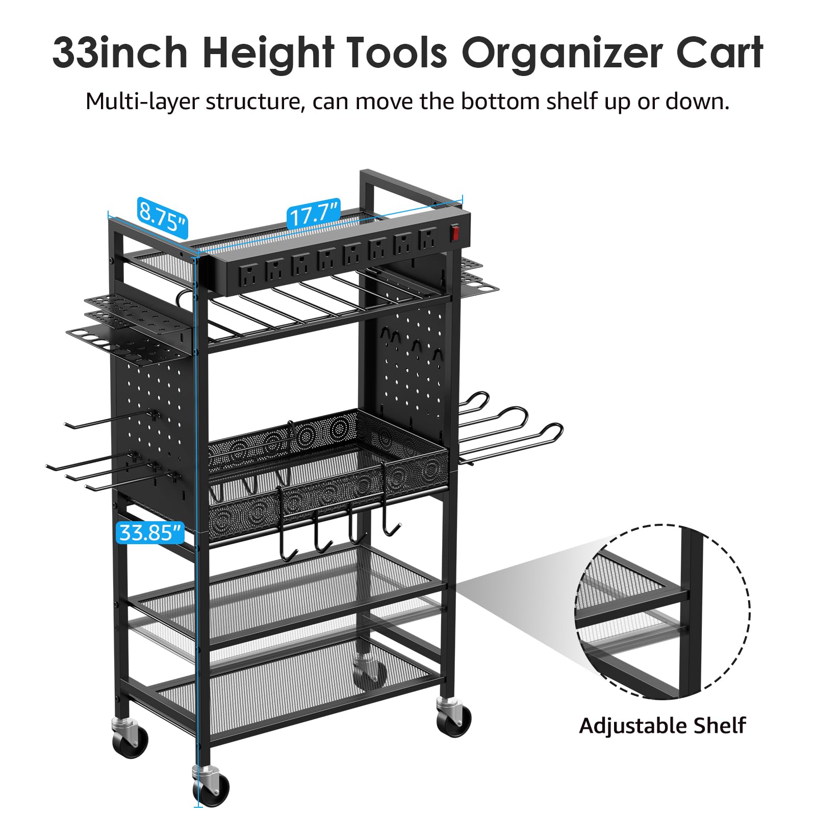 CCCEI Rolling Tool Cart with Charging Station - Mobile Garage Storage Organizer for Power Tools, Drills & Batteries - Heavy Duty Utility Cart with Wheels & Power Strip - Perfect for Mechanics, DIY Workshops & Home Garage Organization (Black)