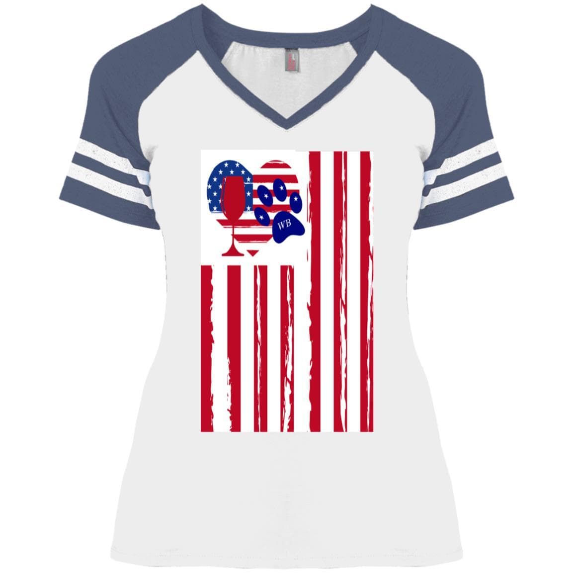 American Flag Wine Paw Heart V-Neck T-Shirt for Women - Cute Casual Ladies' Game Day Tee - Perfect for Parties, Girls Night Out & Patriotic Events