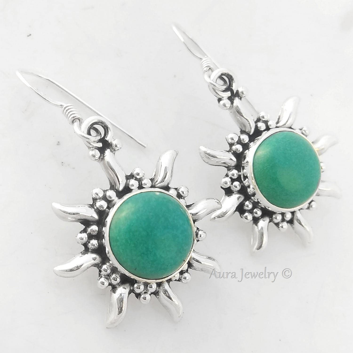 925 Sterling Silver Dangle Earrings for Women - Genuine Turquoise December Birthstone, Bezel Set Round Green Gemstone Hypoallergenic Jewelry | Trendy Gift for Christmas, Birthday & Special Occasions