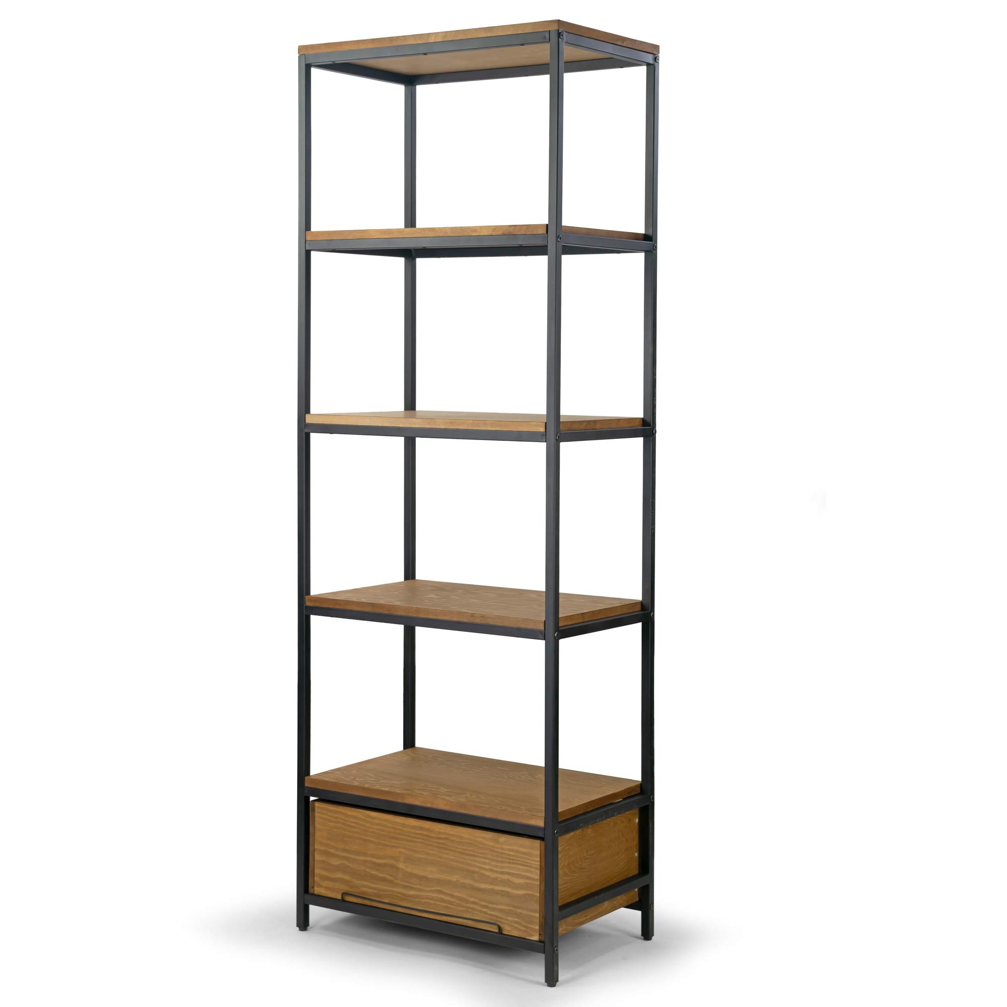 Amy Brown Pine Wood Display Shelf with Metal Frame & Drawer - Stylish Bookcase for Living Room, Bedroom, or Office Storage & Organization