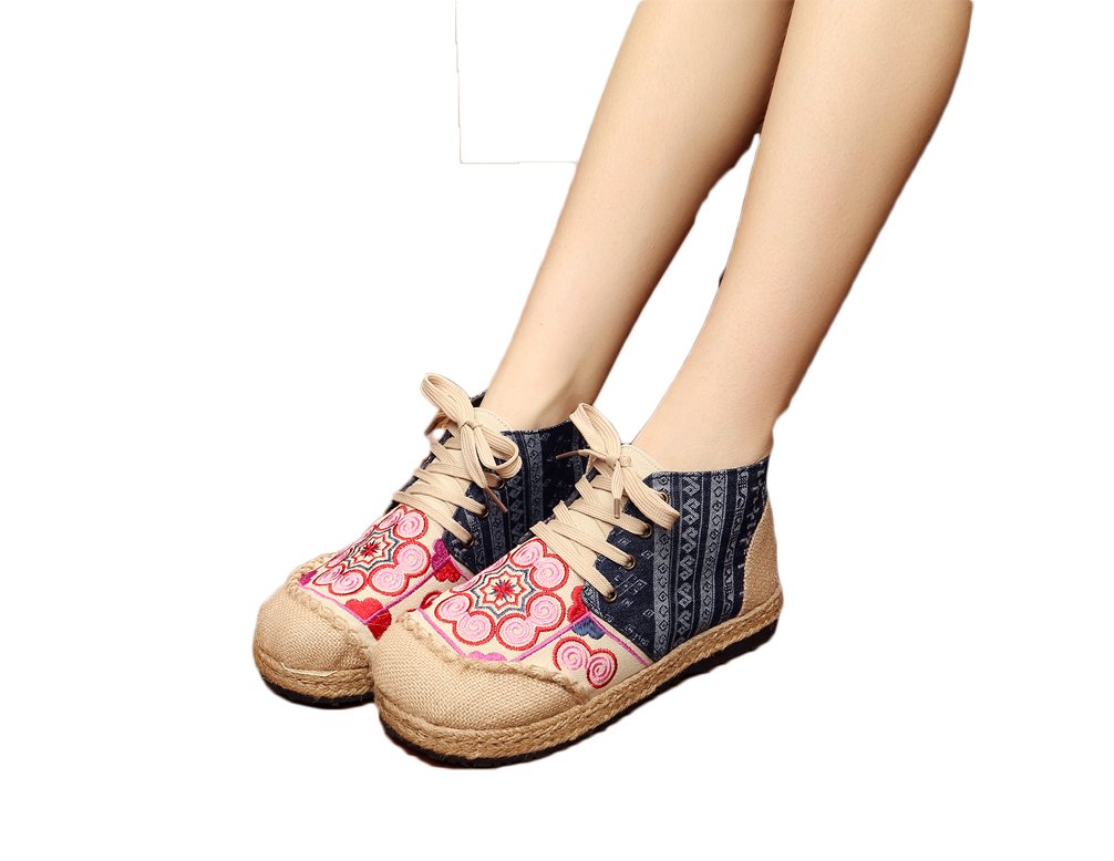 Women's National Embroidery Flats - Linen High Top Lace Up Walking Shoes | Comfortable Casual Sneakers for Everyday Wear, Travel & Outdoor Activities
