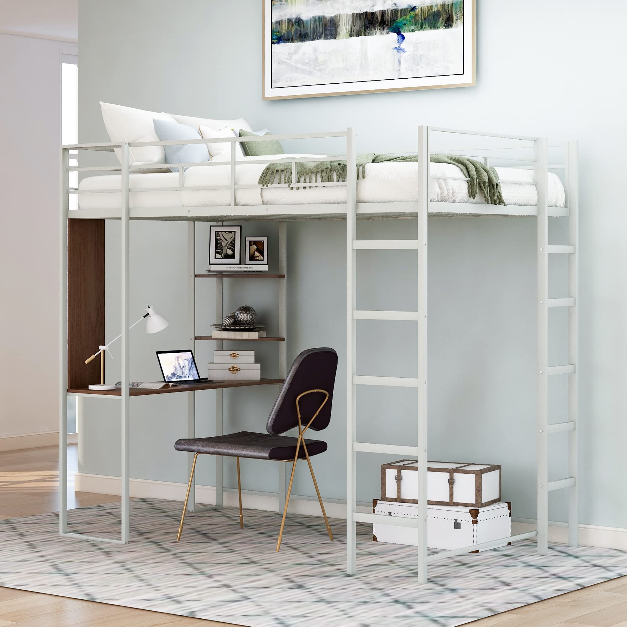 **Metal Loft Bed with Desk & Shelves - Twin Size Space-Saving Bed Frame with Guard Rails & Ladder - Kids & Teens Room Furniture for Small Spaces (Silver) - Perfect for Dorms, Apartments & Shared Rooms**