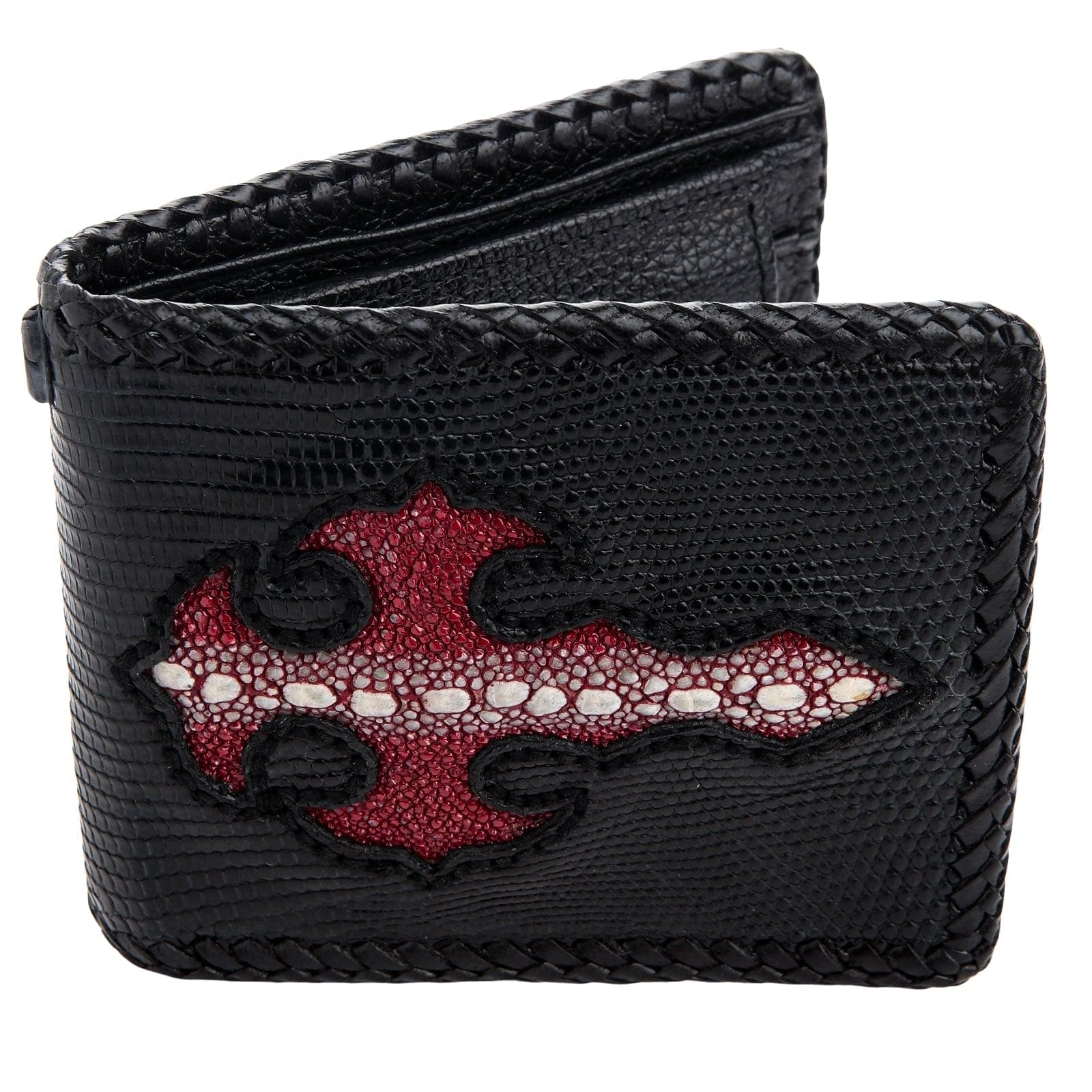 Red Stingray Cross Black Lizard Skin Leather Biker Wallet for Men - RFID Blocking Slim Wallet with Money Clip - Perfect for Motorcycle Riders & Everyday Carry