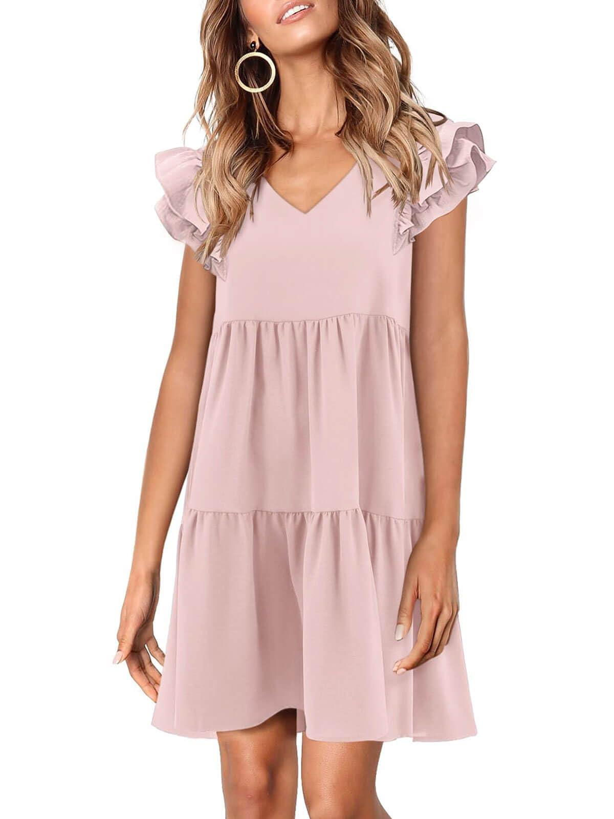 Zwurew Women's Summer Babydoll Dress 2025 - Cute Ruffle Cap Sleeve V-Neck Flowy Swing Mini Sundress for Beach, Vacation & Date Night
