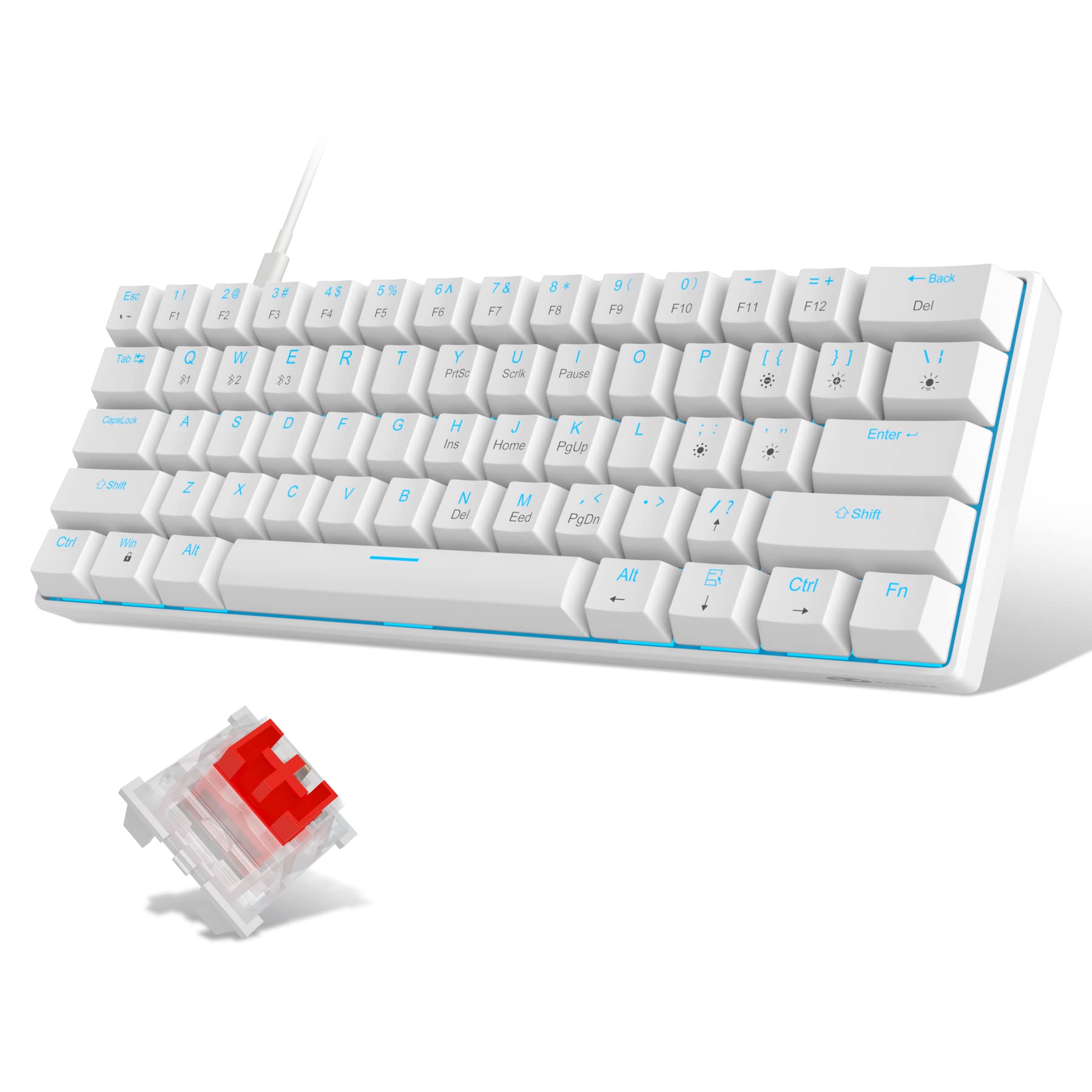 MageGee 60% Compact Mechanical Gaming Keyboard - Red Switches, Sea Blue Backlit, Portable Design for PC/Mac Gamers - Perfect for Esports, Office Work & Travel (White)
