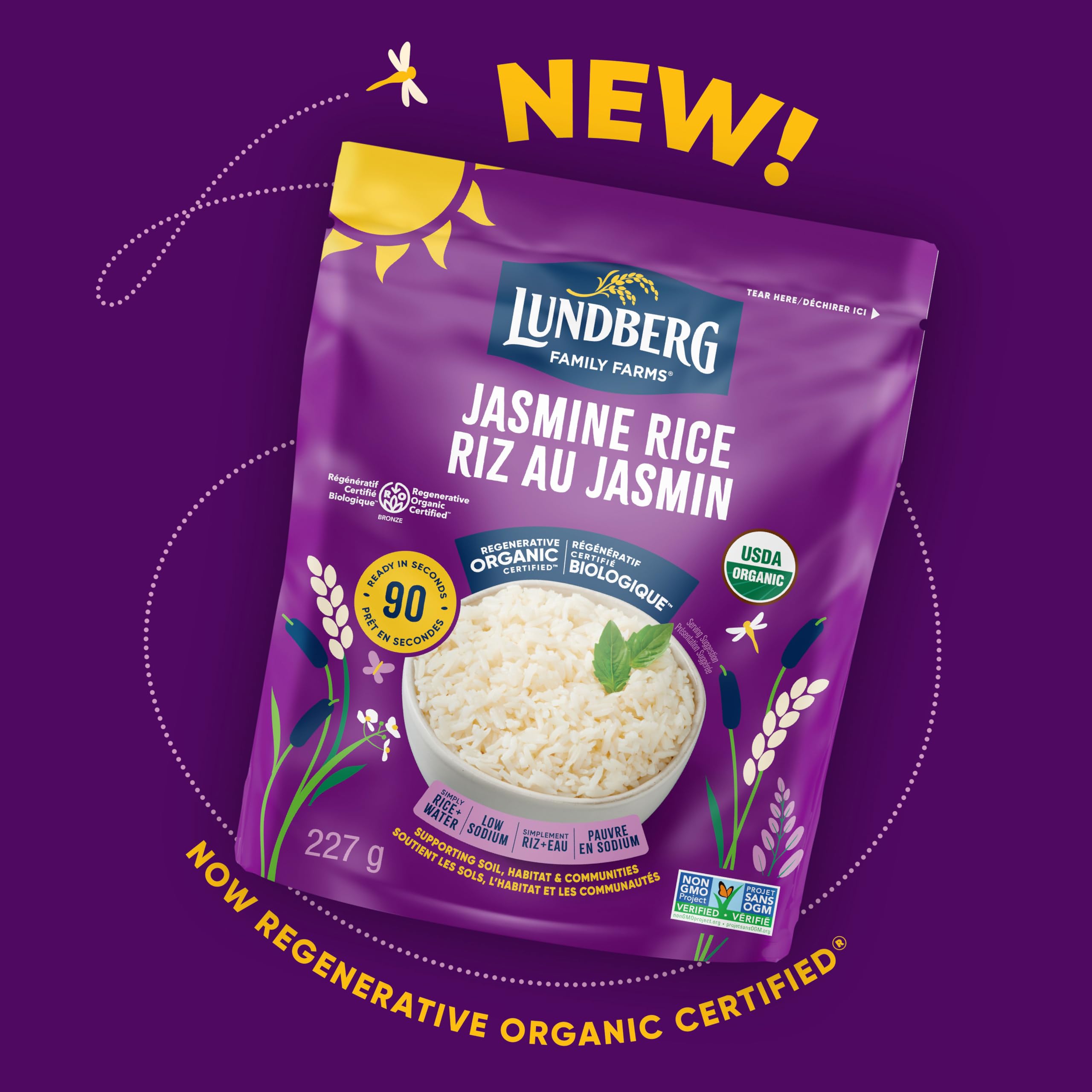 Lundberg Organic White Jasmine Rice - 90-Second Microwave Ready, Regenerative Organic Certified, Gluten Free & Low Sodium, 8oz Pouch - Perfect for Quick Meals, Meal Prep & Healthy Eating