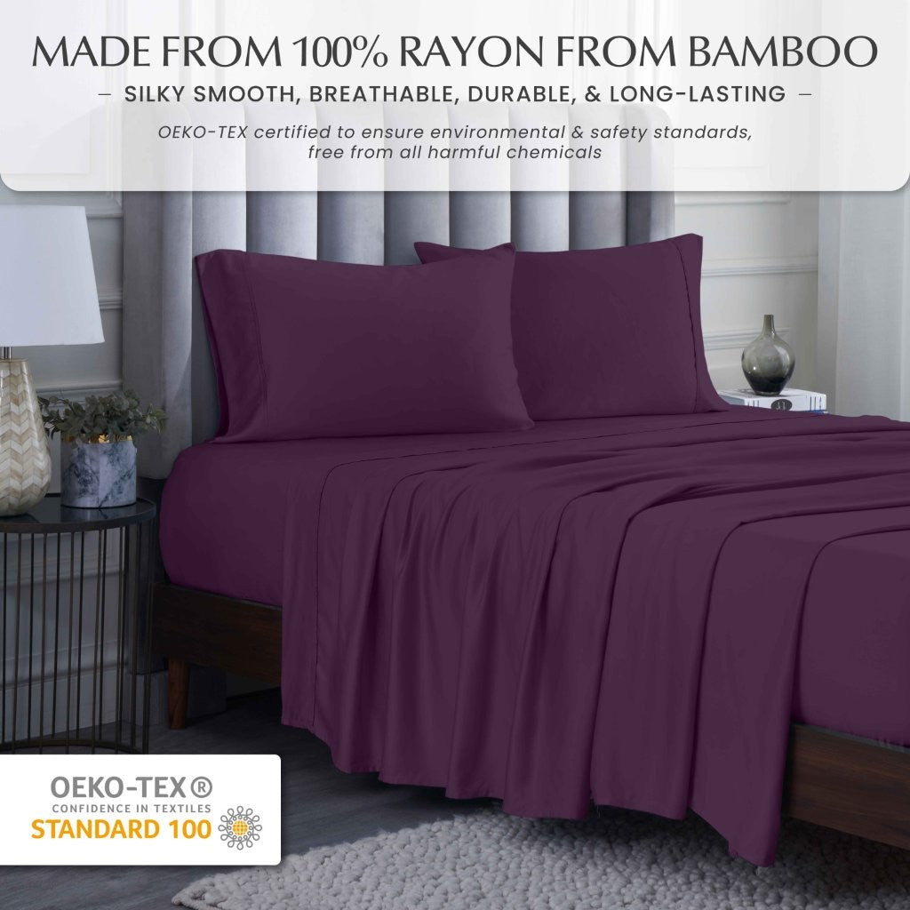 300 Thread Count Rayon From Bamboo Solid Deep Pocket Sheet Set - Ultra Soft & Breathable Bed Sheets for Queen Size Mattress - Perfect for All-Season Comfort & Luxury Bedroom Decor