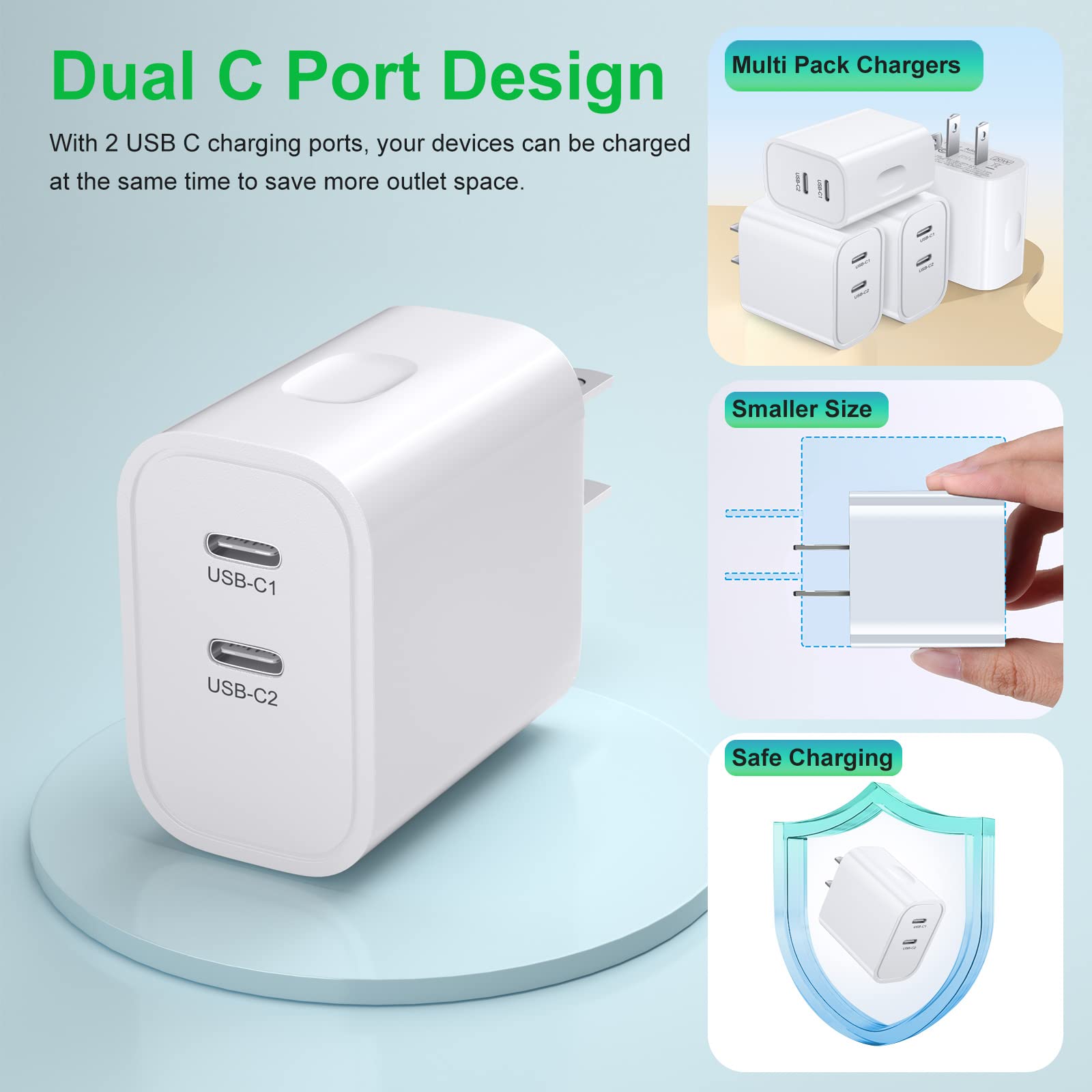 20W Dual Port USB C Fast Charger Block with 6FT USB C to C Cable - PD Compatible Wall Adapter for iPhone 16/15 Pro Max/Plus, iPad Pro, Pixel 8/7 - White | Perfect for Home, Office & Travel Charging