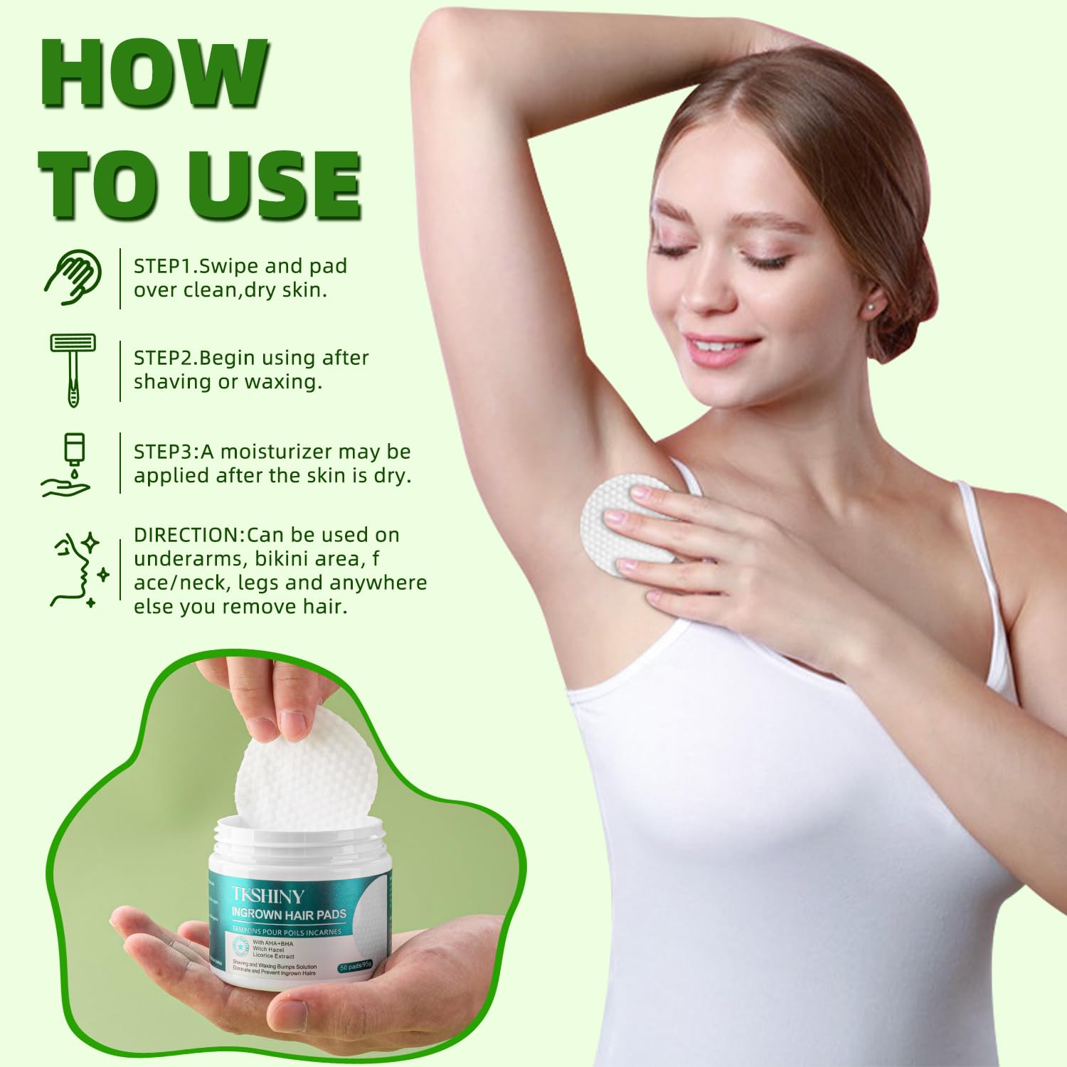 **Exfoliating Ingrown Hair Treatment Pads with AHA & BHA – 50 Count for Bikini, Underarms, Face & Neck – Prevents Razor Bumps & Soothes Skin – Perfect for Post-Shave & Waxing Care**