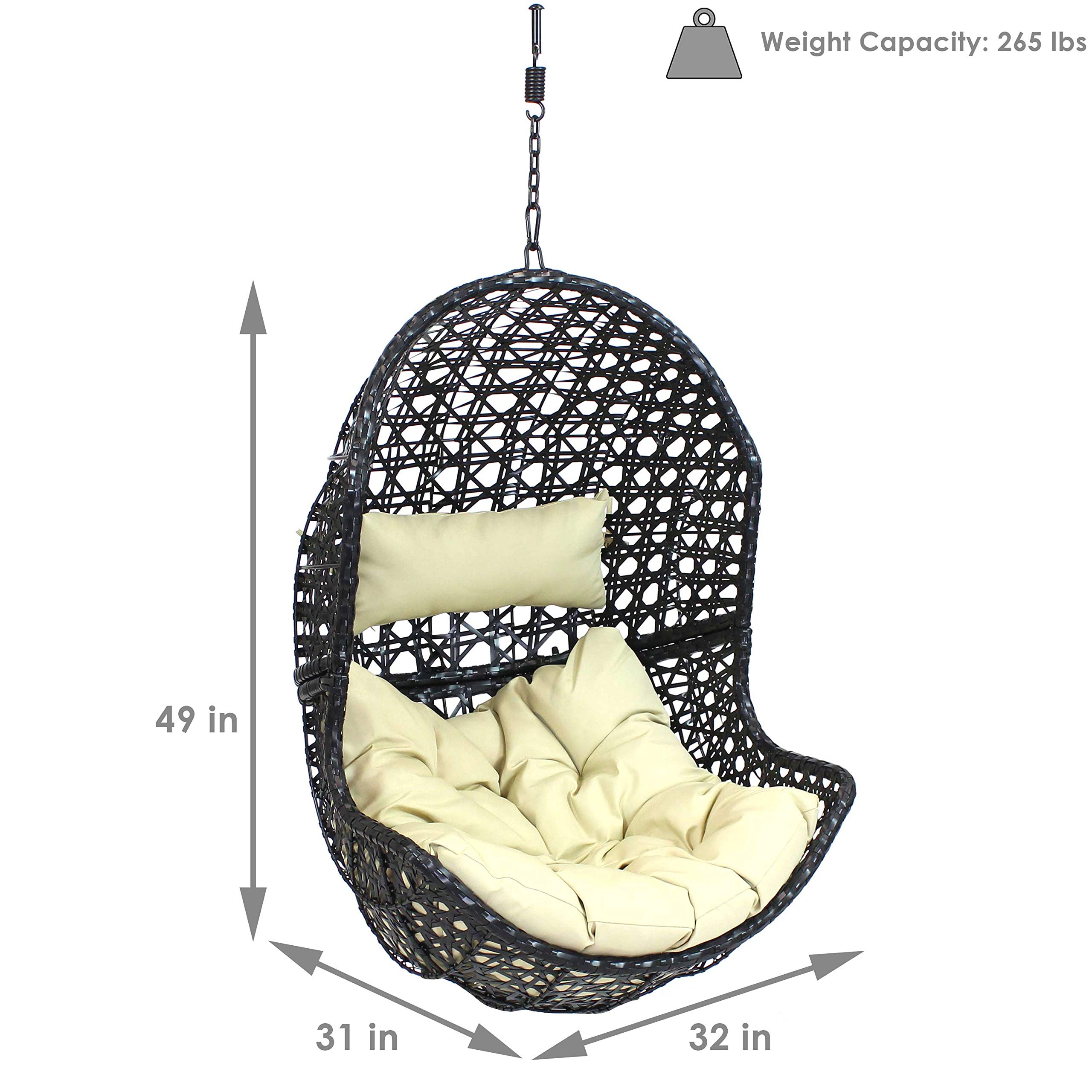 Sunnydaze Lauren Hanging Egg Chair - Outdoor Patio Swing Chair with Beige Cushion, Boho Style Resin Wicker Basket Design - Perfect for Porch, Deck, Balcony, Garden & Backyard Relaxation