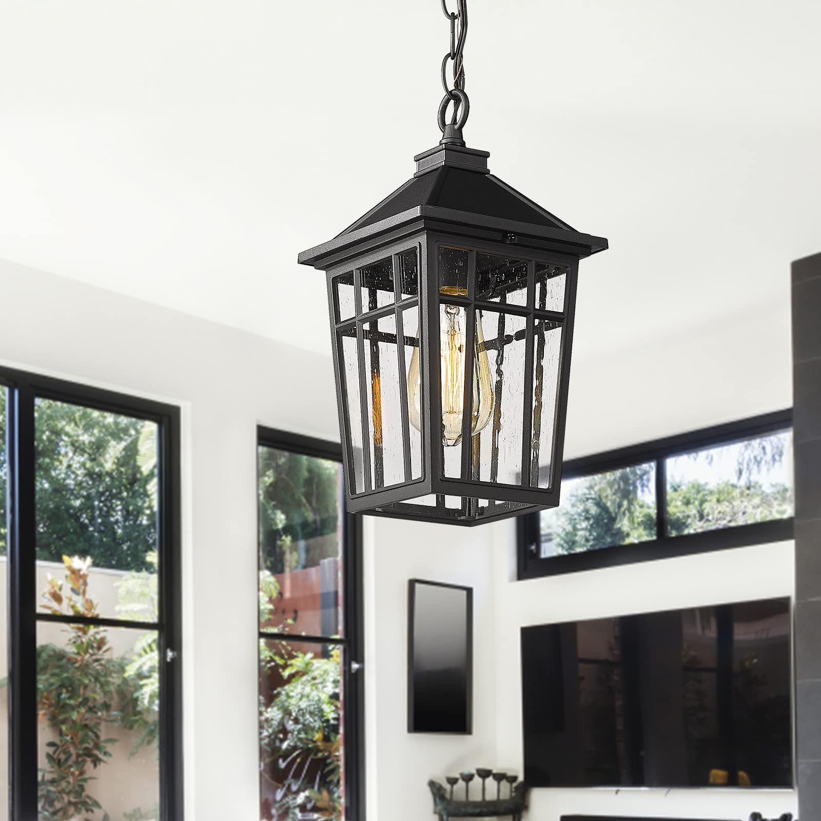 Darkaway Outdoor Pendant Light Fixture - Waterproof Rust-Resistant Aluminum Hanging Light with Seeded Glass for Porch, Entryway, Doorway - Farmhouse Black Style - Perfect for Patio, Deck, Garden & Outdoor Dining Areas