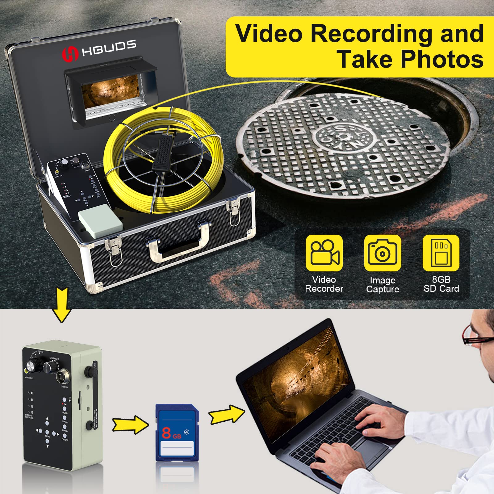 **7 Inch LCD Pipe Inspection Camera with 1000TVL HD Resolution - Waterproof IP68 Snake Video System for Drain, Sewer & Industrial Pipeline - Ideal for Plumbing, HVAC & Maintenance Professionals**