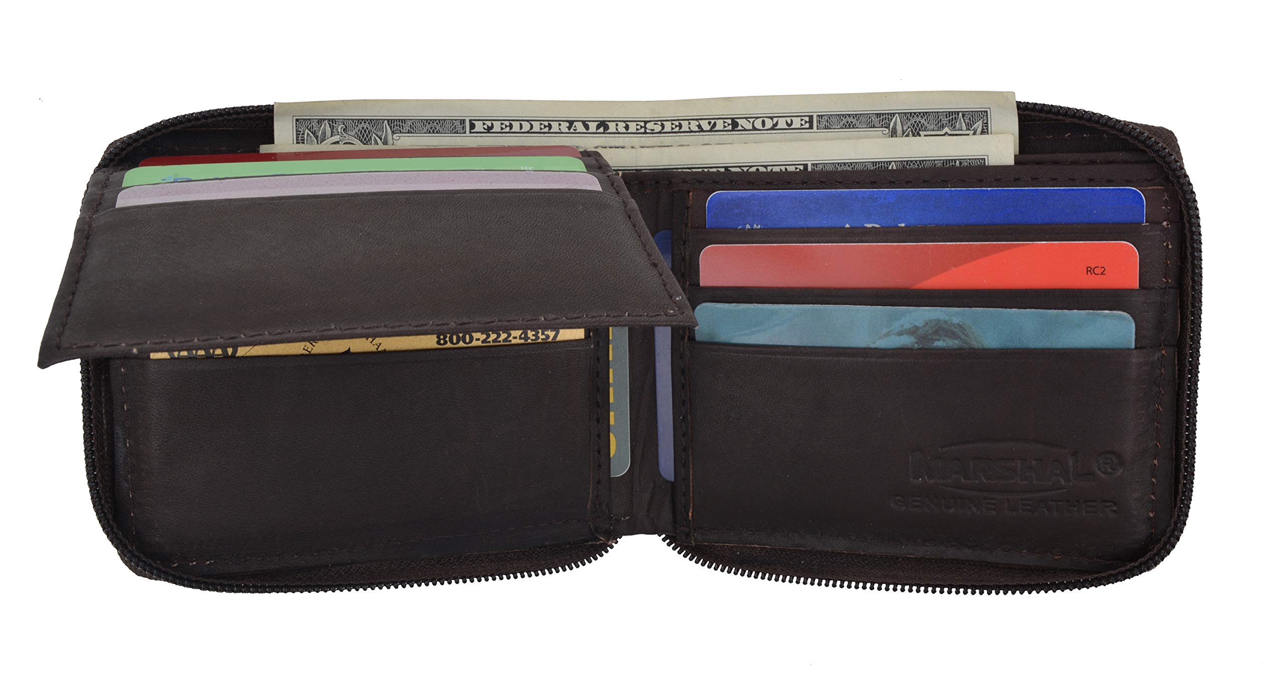 Premium MARSHAL Genuine Leather Zipper Bifold Wallet for Men - Slim RFID Blocking European Style Money Clip Card Holder (#1256) | Ideal for Travel, Business & Everyday Use