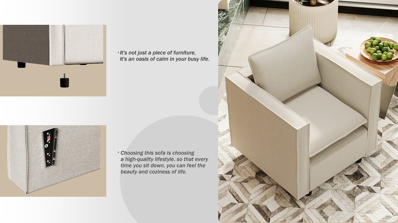 Beige Comfortable Single Sofa Chair - Soft Breathable Seat Cushions, Modern Armchair for Bedroom, Living Room Corner & Reading Nook - Cozy Home Decor Accent