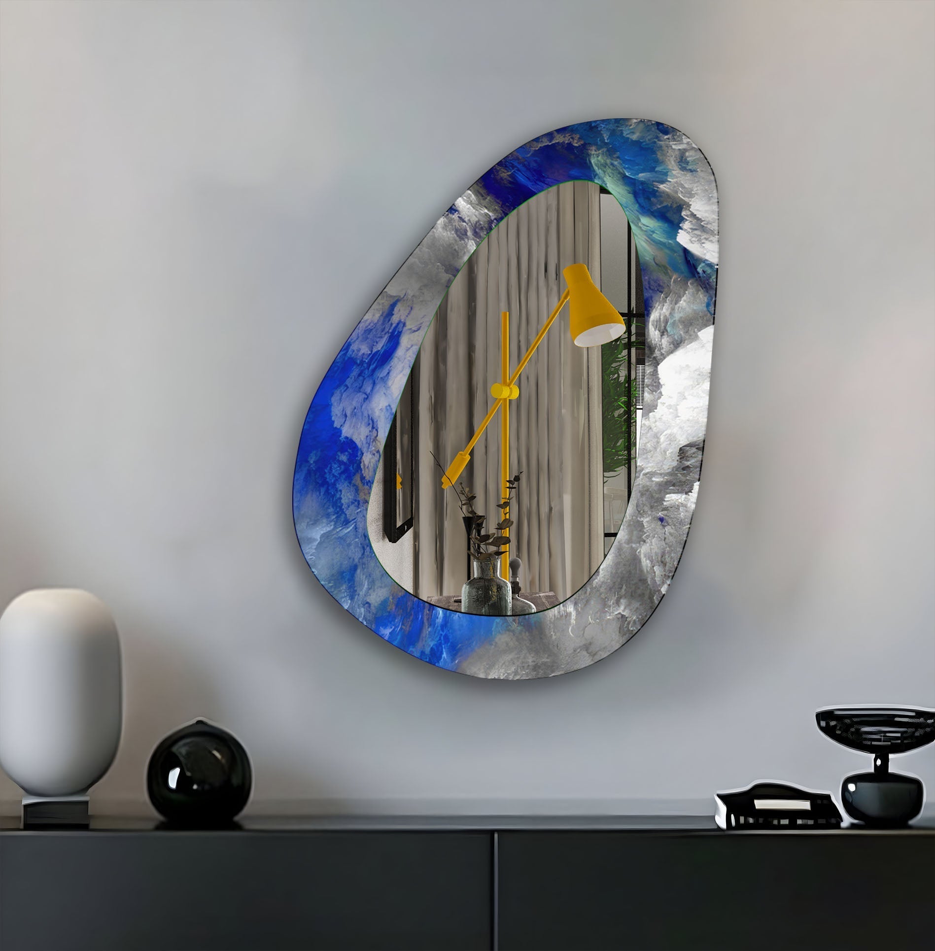Blue Abstract Asymmetrical Glass Wall Mirror - Modern Decorative Mirror for Living Room, Bedroom, Entryway - Unique Home Decor & Stylish Wall Art