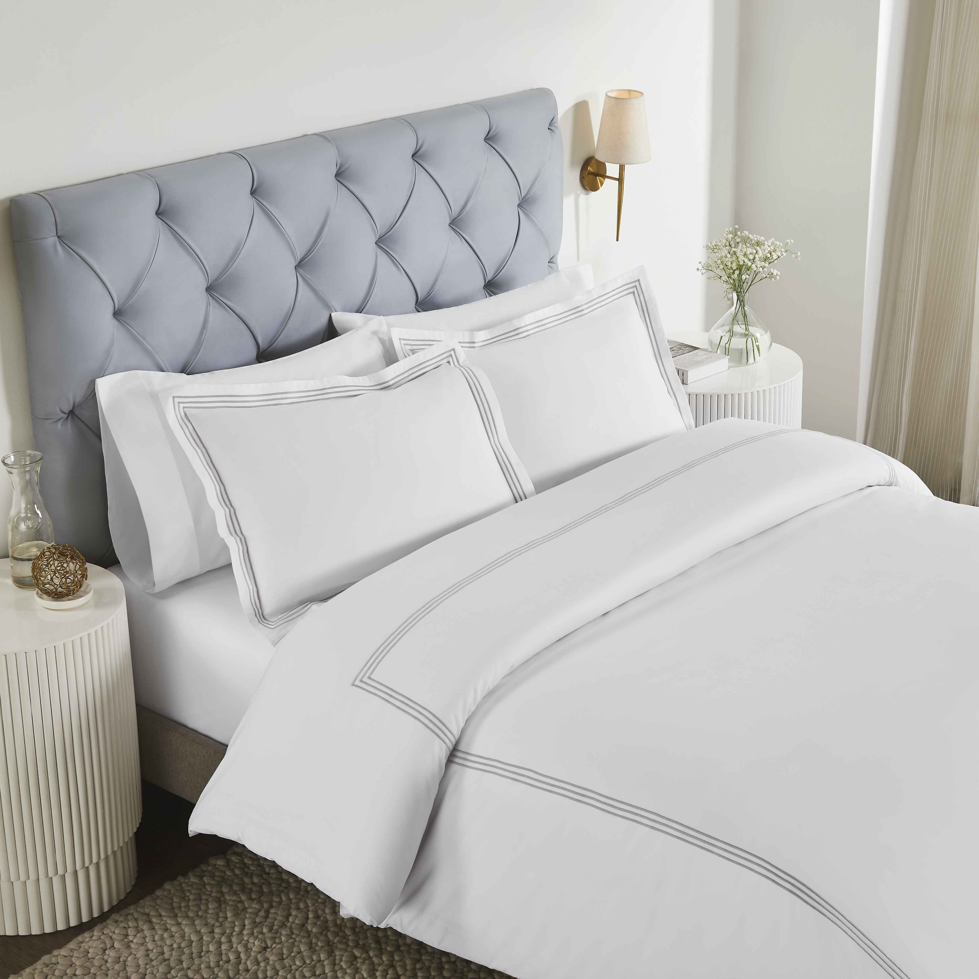 Brandon Cotton 3-Piece Duvet Cover Set with Elegant Three-Line Embroidery - Soft Bedding Set for Master Bedroom, Guest Room & Dorm Decor